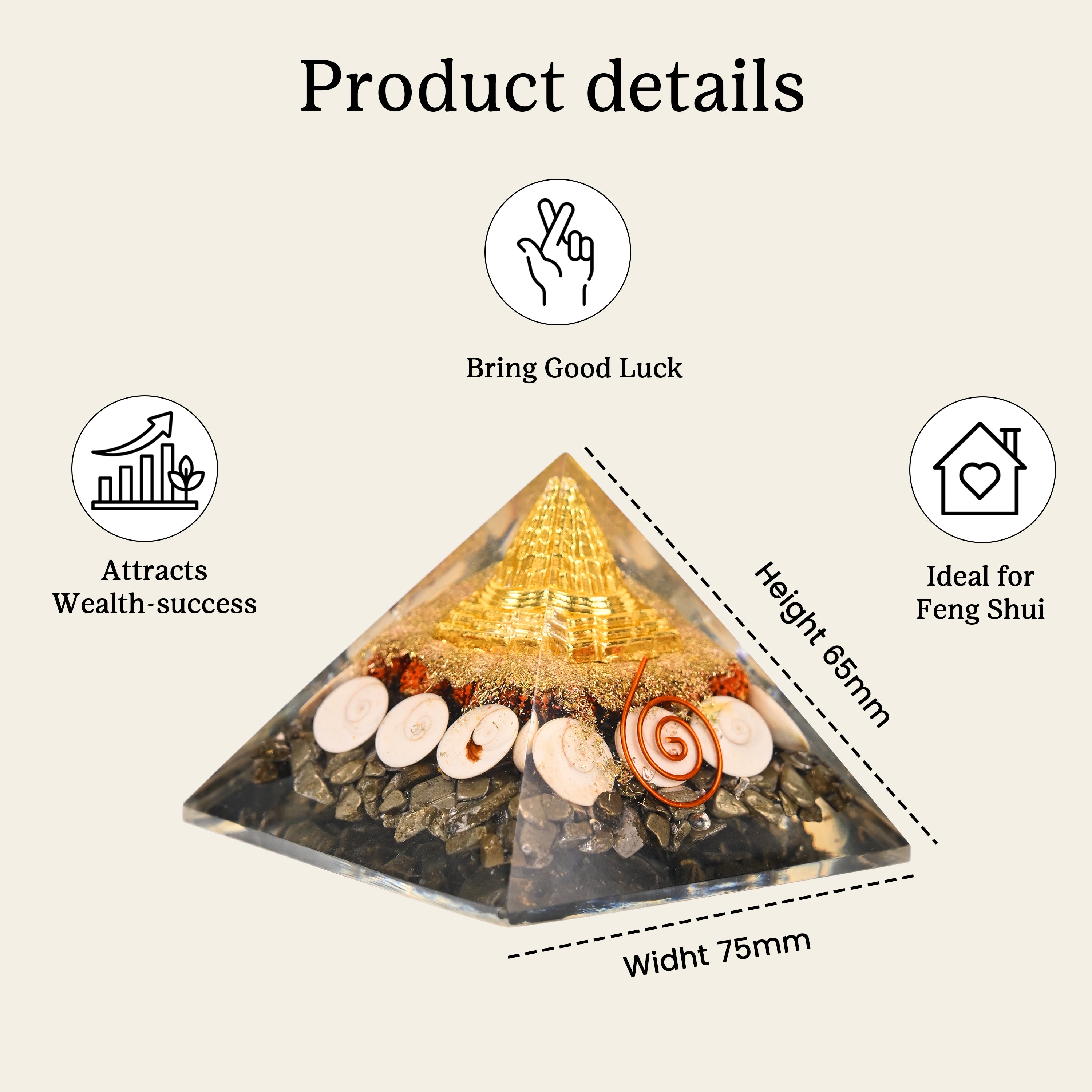 HindCraft Pyrite Money Magnet Orgonite Pyramid with Shree Yantra, Pyrite Chips, Gomti Chakra, Rudraksha and Copper Coil for Vastu Home Décor