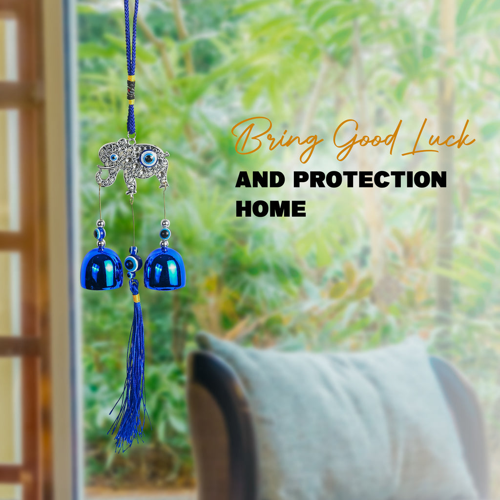 HindCraft Elephant Evil Eye Hanging with Blue Bells & Tassel | Turkish Nazar Wall & Door Decor