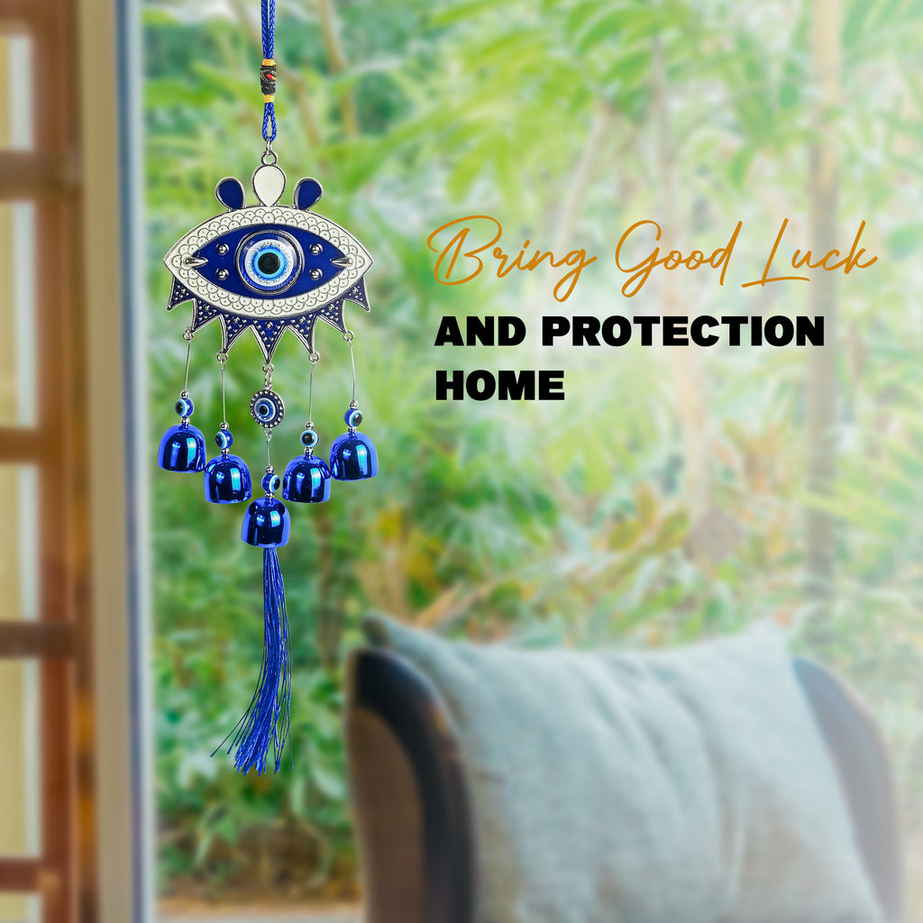 HindCraft Hamsa Evil Eye Hanging with Blue Bells & Tassel | Turkish Nazar Wall & Door Decor