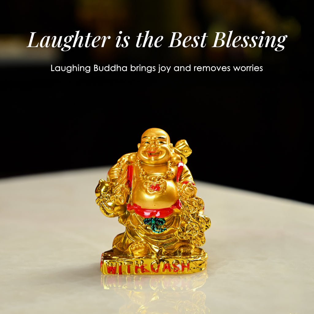 HindCraft Golden Laughing Buddha with Cash & Coins Showpiece for Home and Office Décor