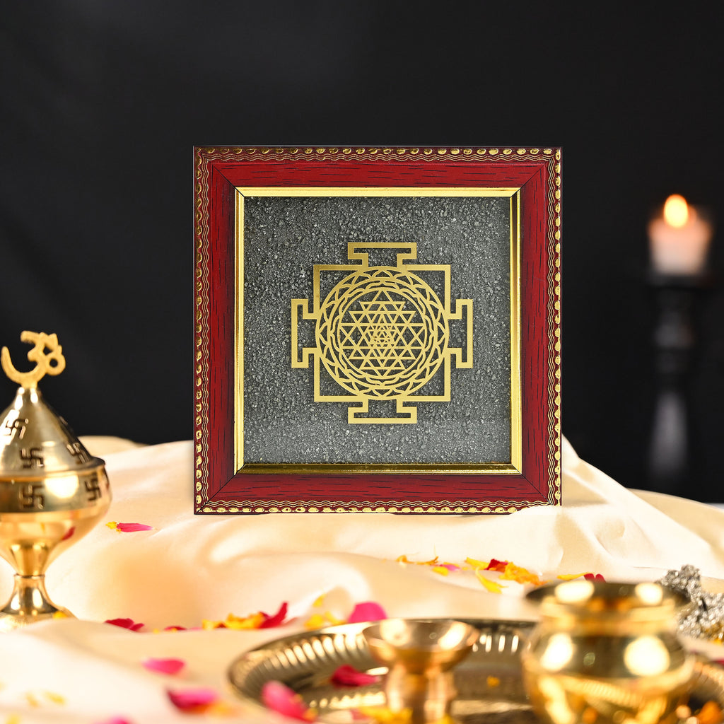 HindCraft Shree Yantra Frame with Raw Pyrite Stone for Wall & Table Décor 7.5×7.5 Inch