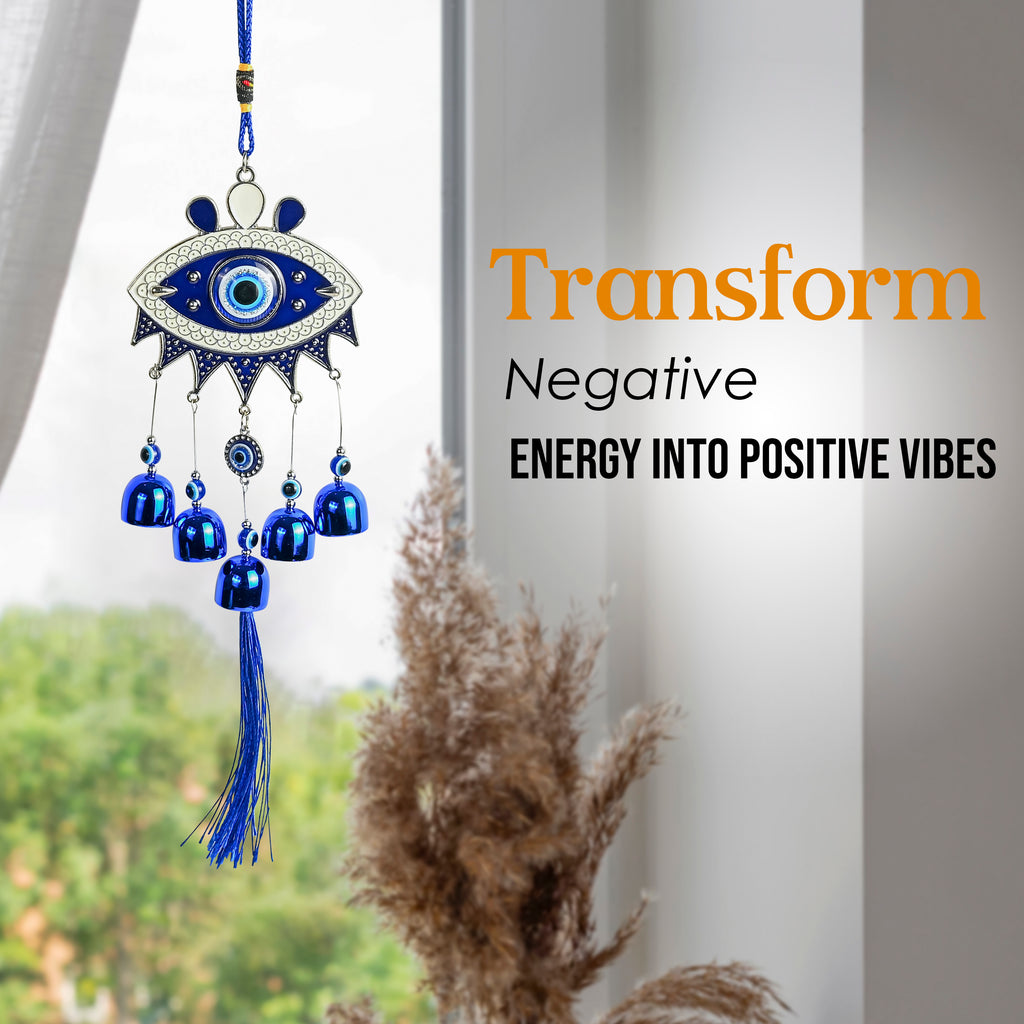 HindCraft Hamsa Evil Eye Hanging with Blue Bells & Tassel | Turkish Nazar Wall & Door Decor