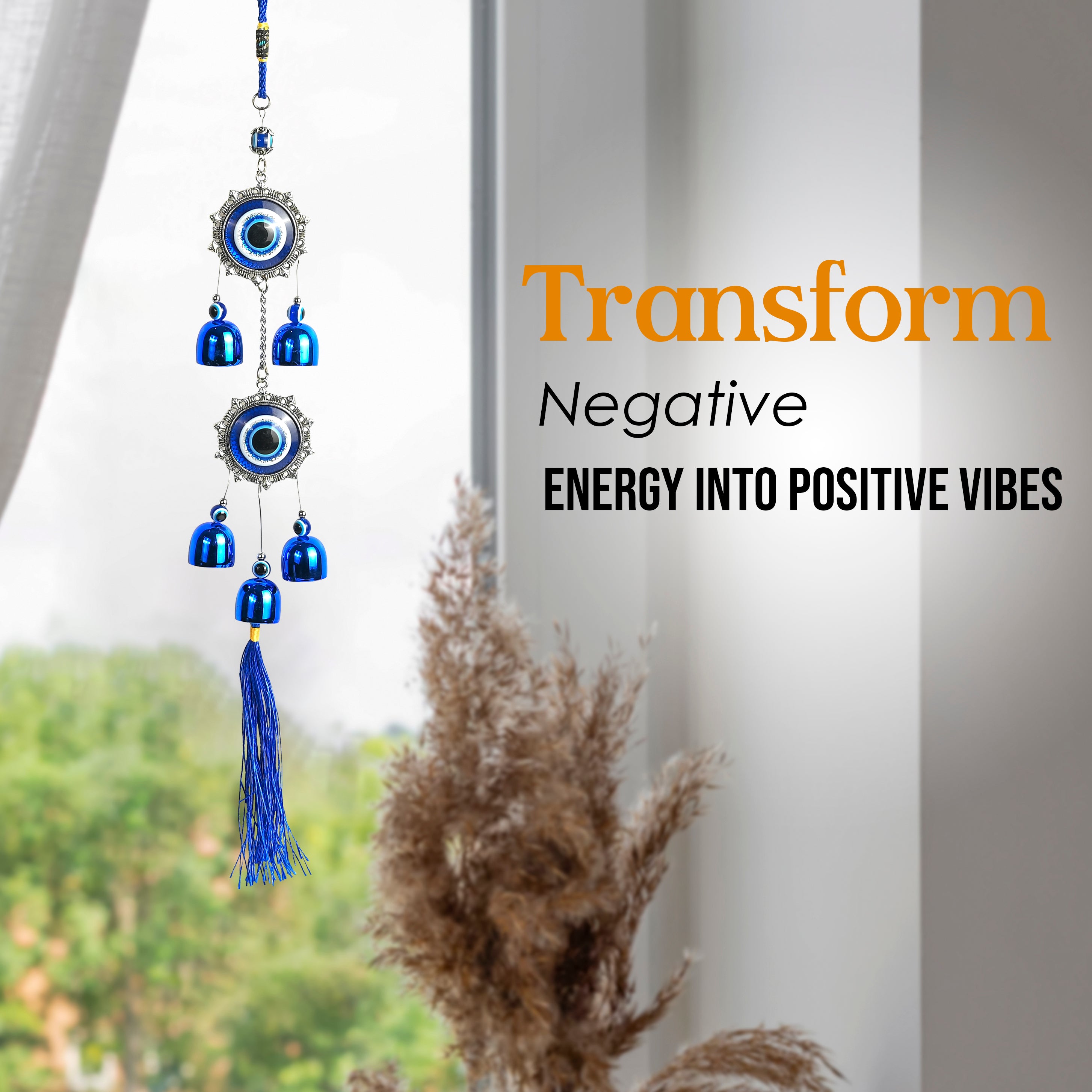 HindCraft Double Evil Eye Hanging with Blue Bells & Tassel | Turkish Nazar Wall & Door Decor