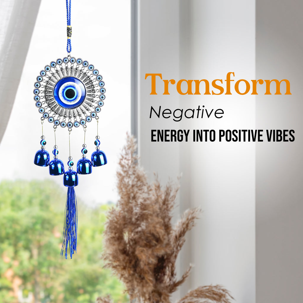 HindCraft Evil Eye Hanging Wall Decor with Blue Bells & Tassel | Turkish Nazar Protection Hanging Ornament for Home, Office, Door & Car