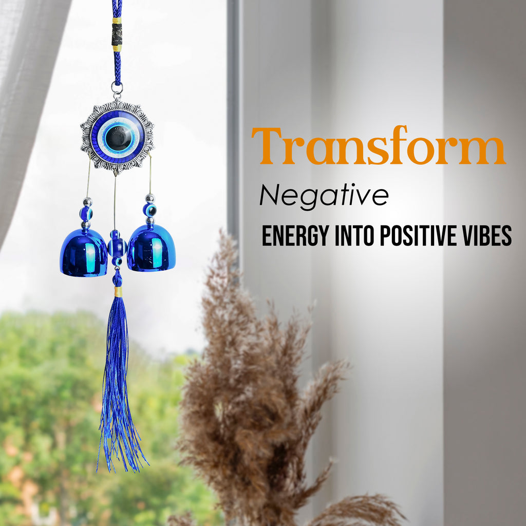 HindCraft Evil Eye Wind Chime Hanging with Blue Bells & Tassel for Home Entrance, Balcony, Door & Wall Décor