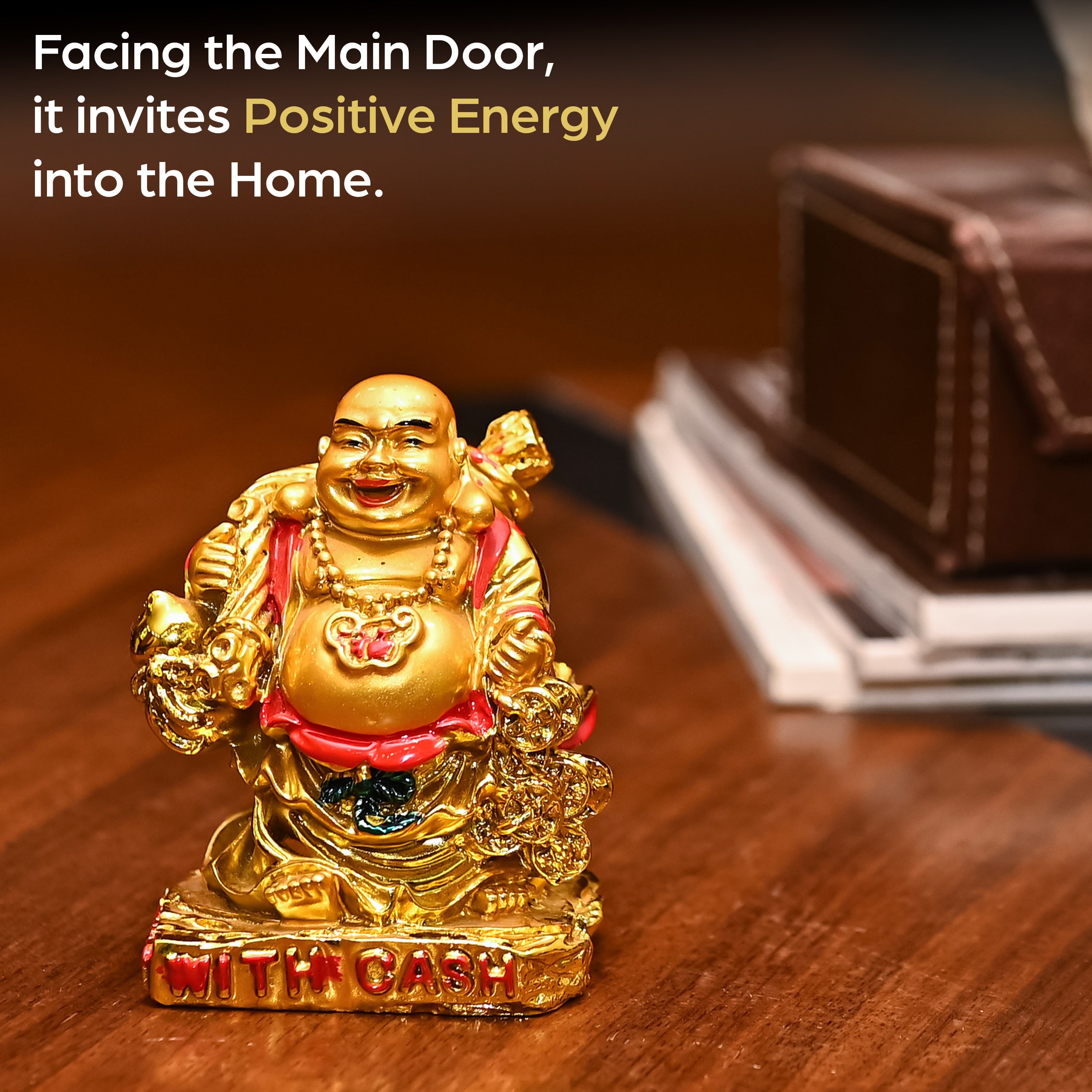 HindCraft Golden Laughing Buddha with Cash & Coins Showpiece for Home and Office Décor