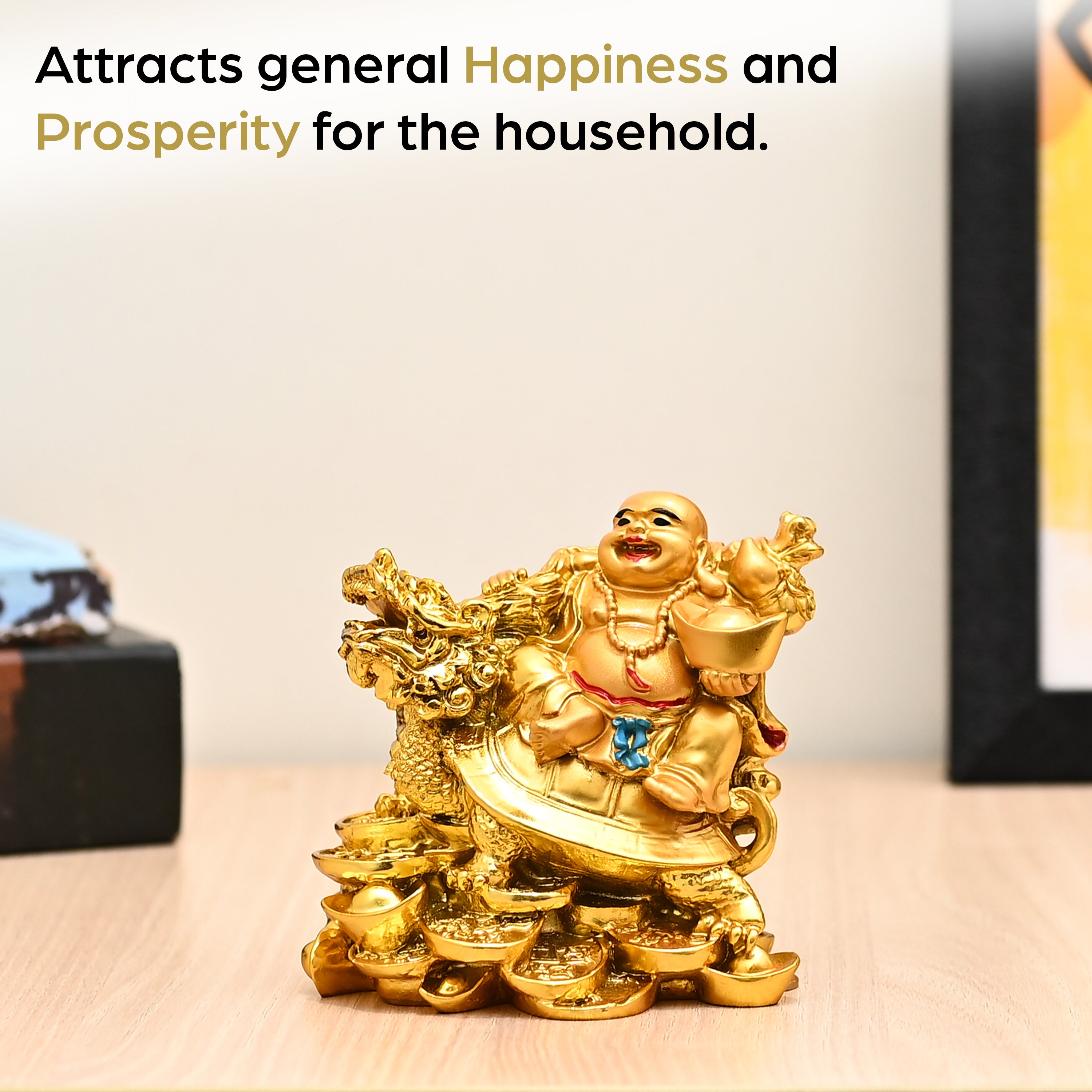 HindCraft Golden Laughing Buddha on Dragon Turtle Showpiece for Home, Office & Wealth Décor