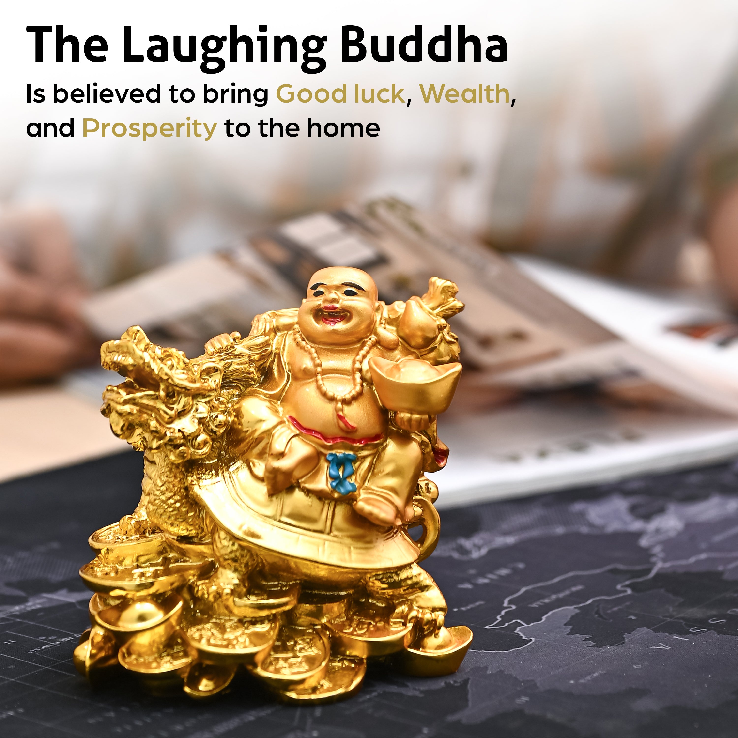 HindCraft Golden Laughing Buddha on Dragon Turtle Showpiece for Home, Office & Wealth Décor