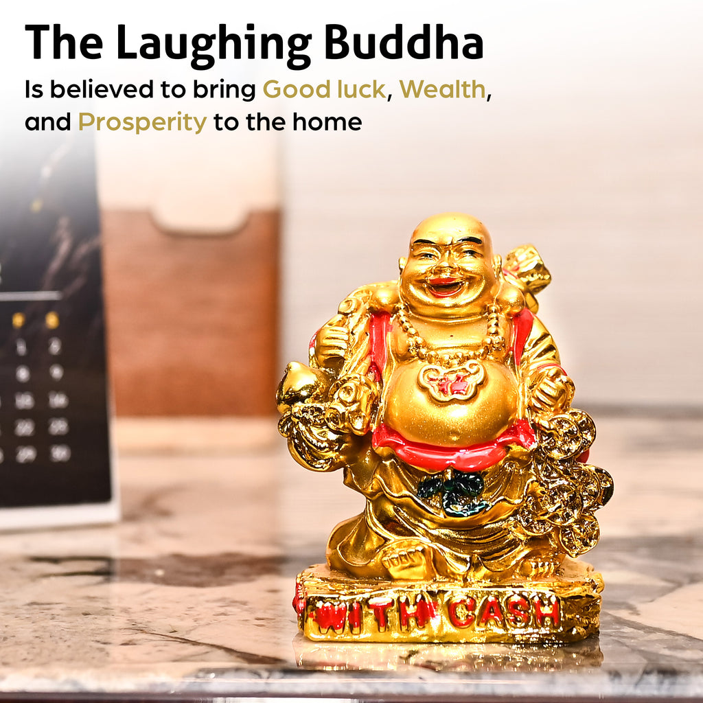 HindCraft Golden Laughing Buddha with Cash & Coins Showpiece for Home and Office Décor