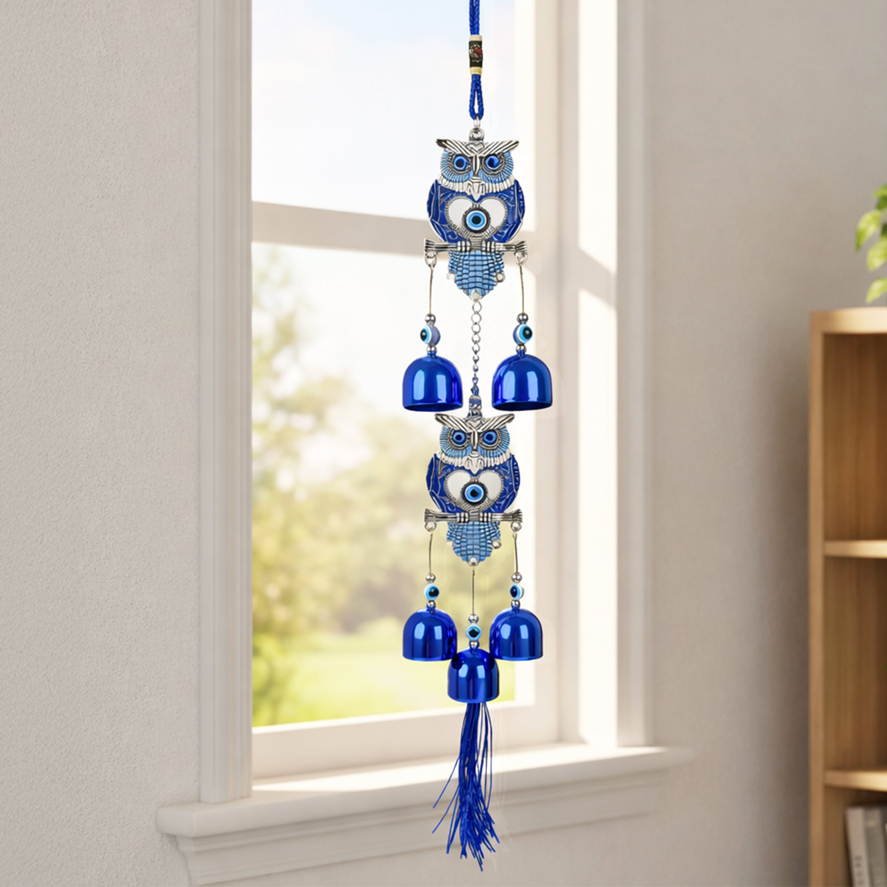 HindCraft Double Owl Evil Eye Wind Chime with Blue Metal Bells | Decorative Hanging for Home, Door, Balcony & Office