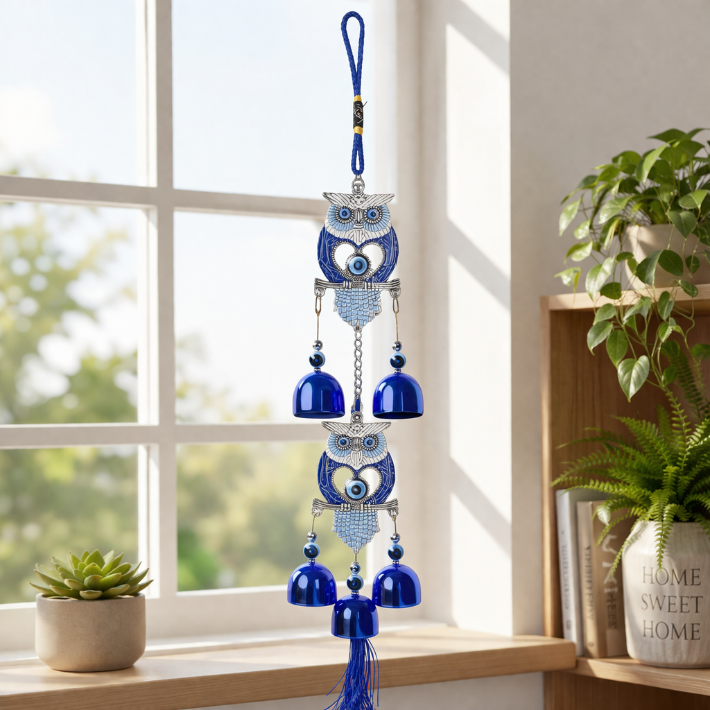 HindCraft Double Owl Evil Eye Wind Chime with Blue Metal Bells | Decorative Hanging for Home, Door, Balcony & Office