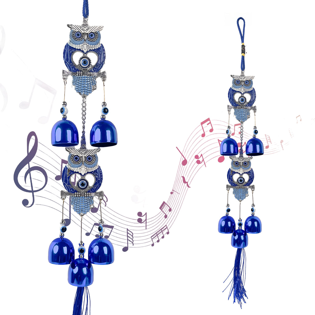 HindCraft Double Owl Evil Eye Wind Chime with Blue Metal Bells | Decorative Hanging for Home, Door, Balcony & Office