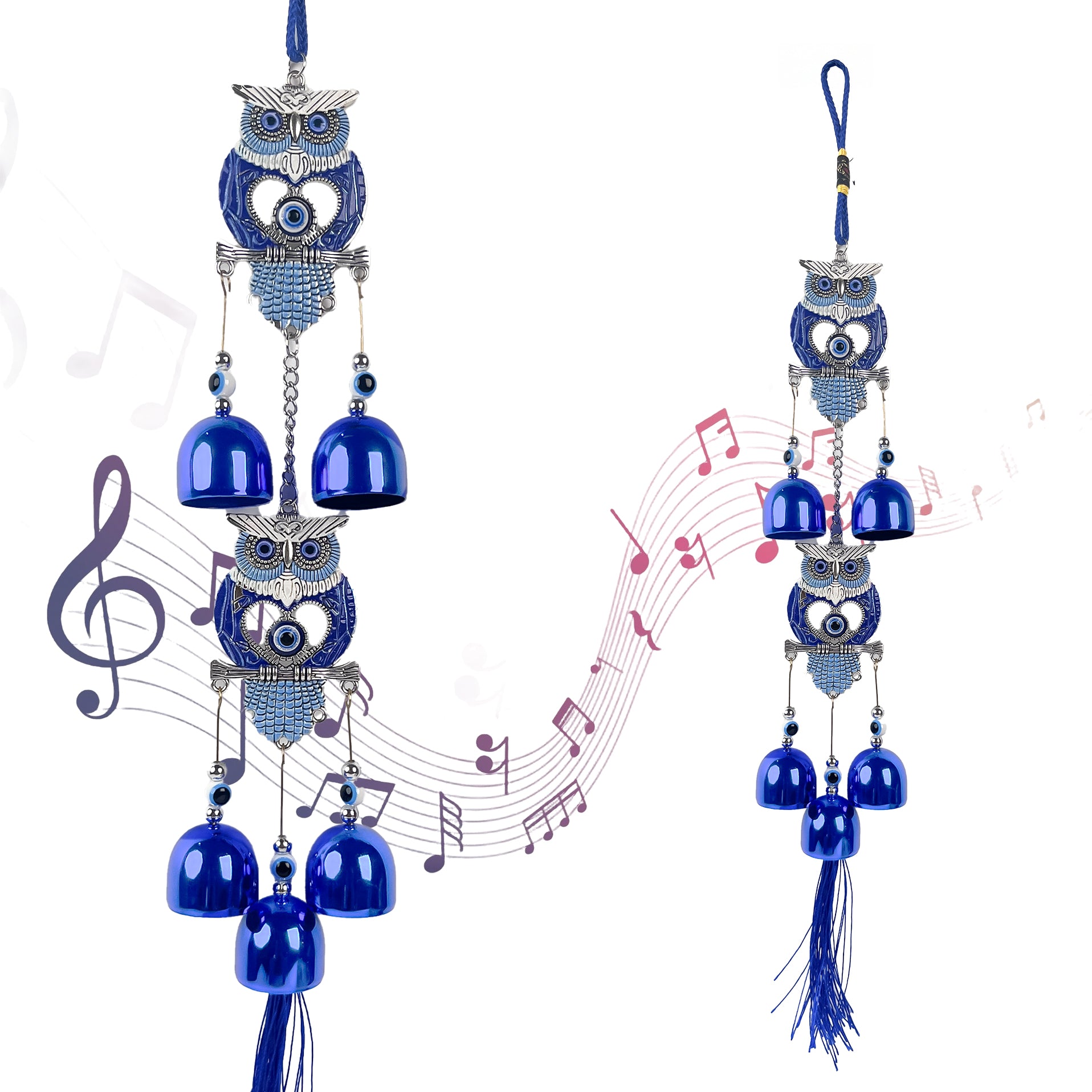 HindCraft Double Owl Evil Eye Wind Chime with Blue Metal Bells | Decorative Hanging for Home, Door, Balcony & Office