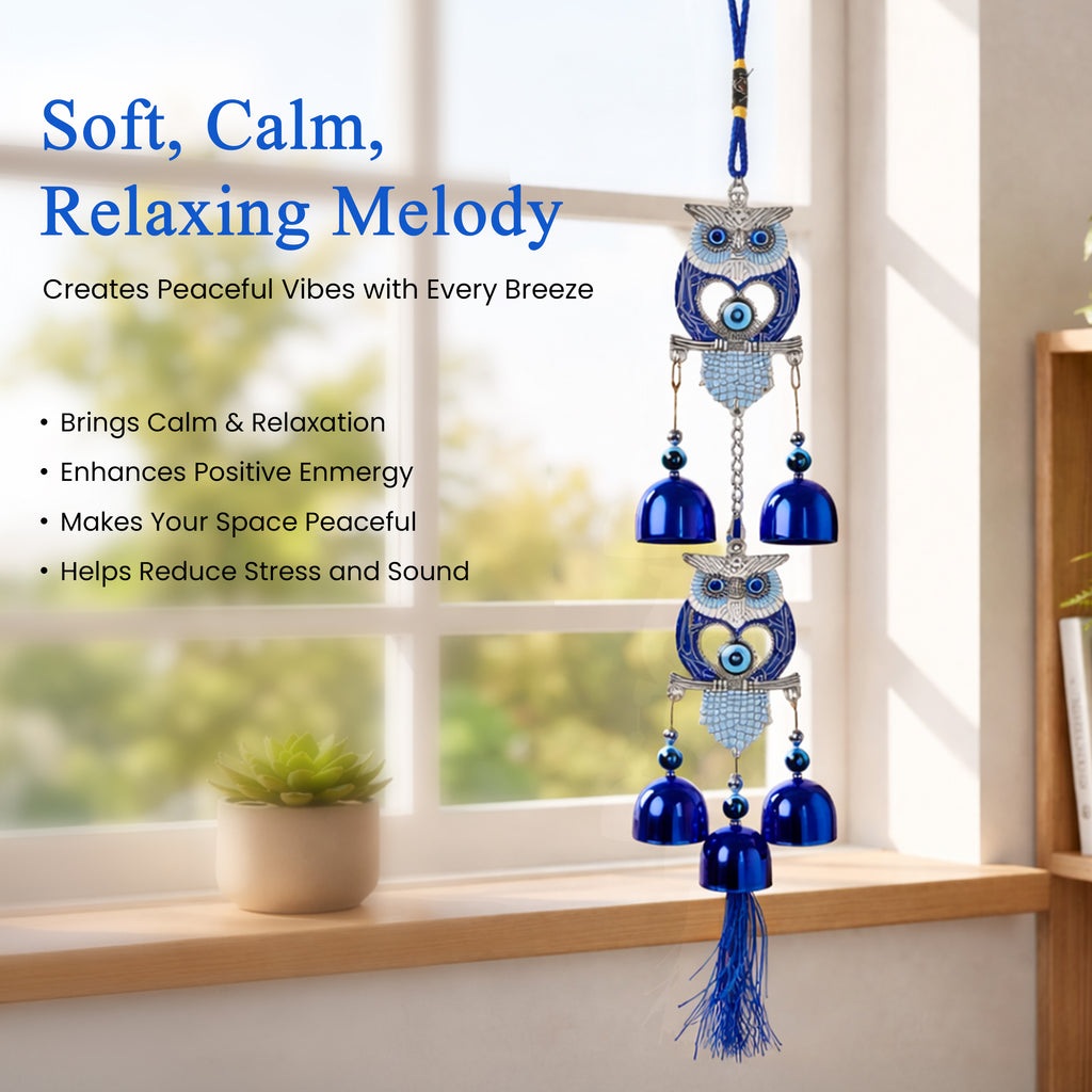 HindCraft Double Owl Evil Eye Wind Chime with Blue Metal Bells | Decorative Hanging for Home, Door, Balcony & Office