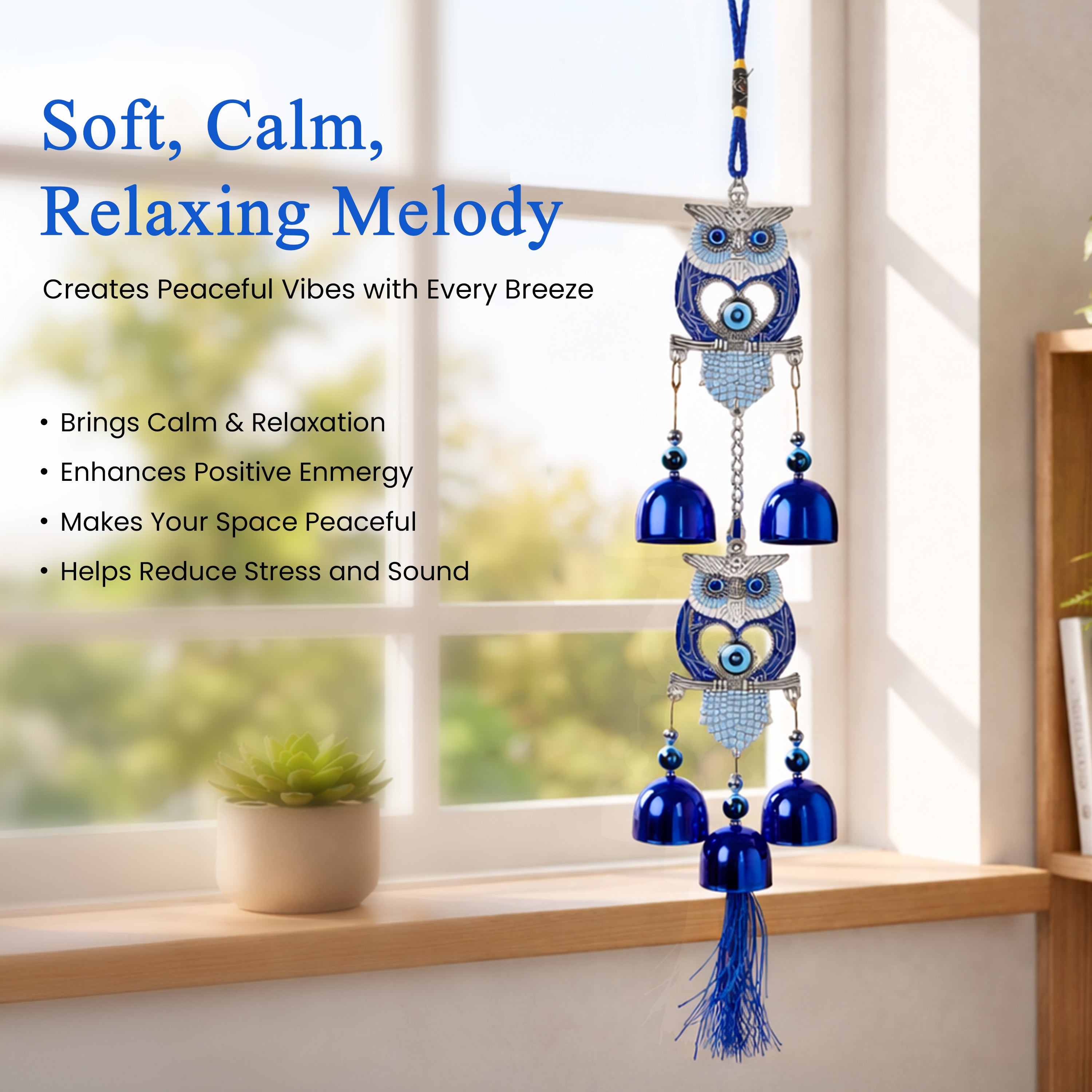 HindCraft Double Owl Evil Eye Wind Chime with Blue Metal Bells | Decorative Hanging for Home, Door, Balcony & Office