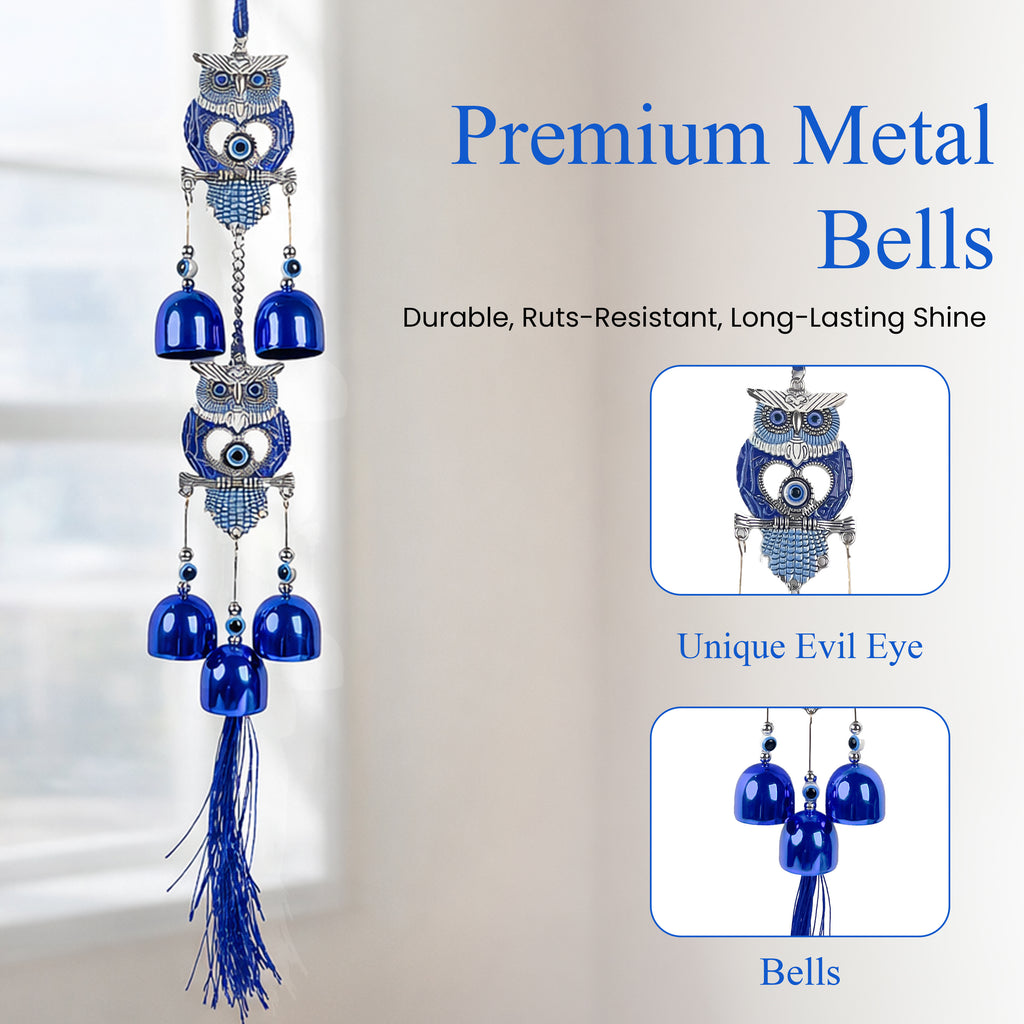 HindCraft Double Owl Evil Eye Wind Chime with Blue Metal Bells | Decorative Hanging for Home, Door, Balcony & Office