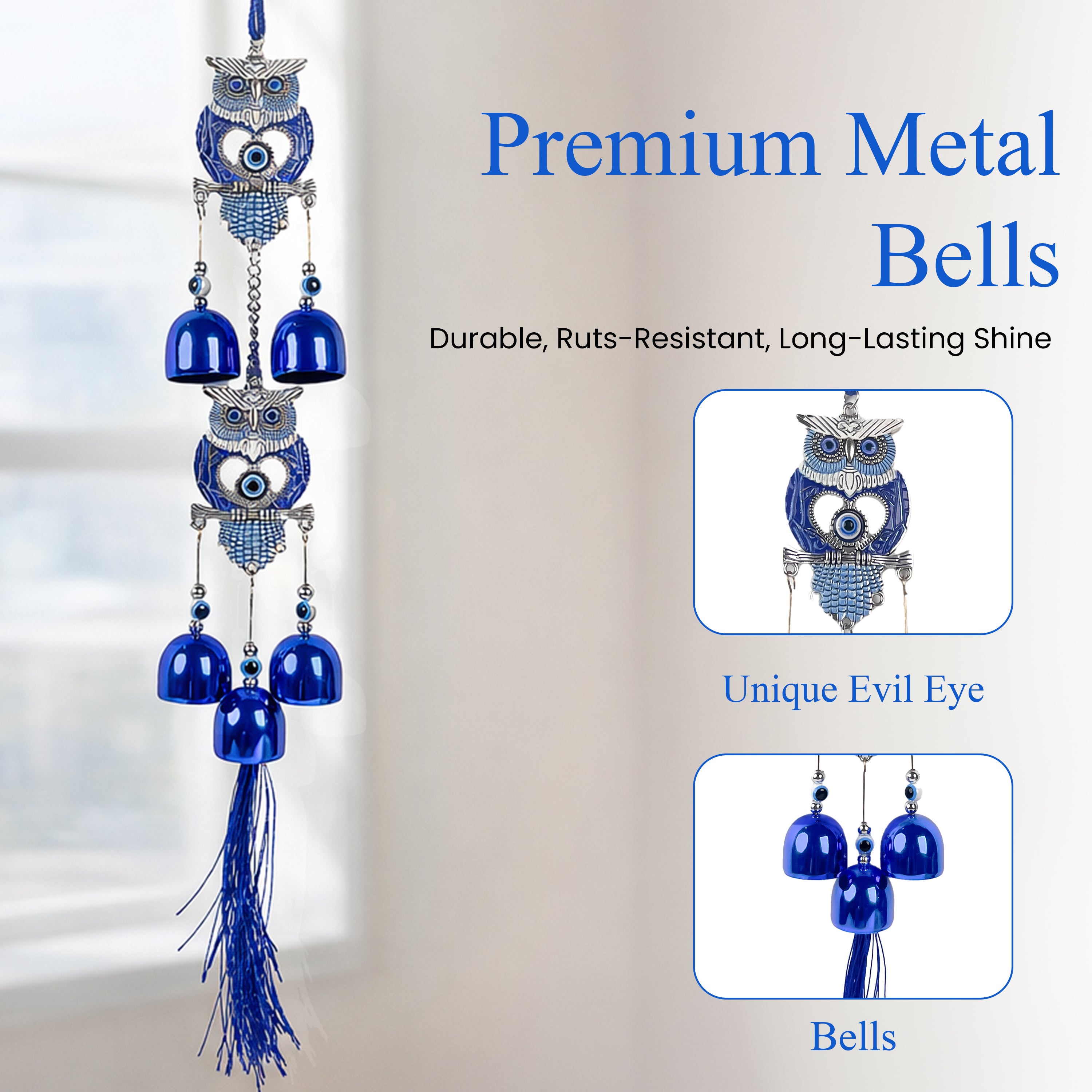 HindCraft Double Owl Evil Eye Wind Chime with Blue Metal Bells | Decorative Hanging for Home, Door, Balcony & Office