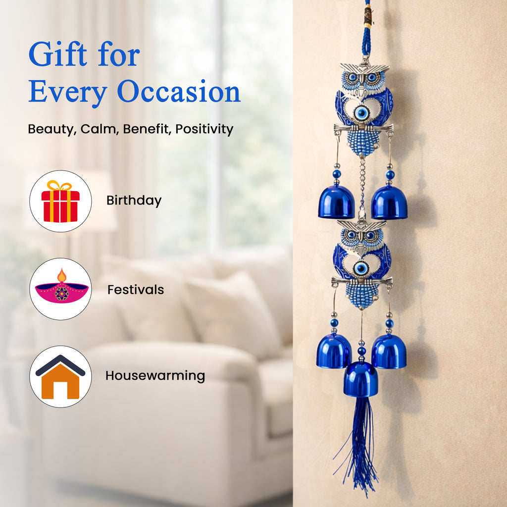 HindCraft Double Owl Evil Eye Wind Chime with Blue Metal Bells | Decorative Hanging for Home, Door, Balcony & Office