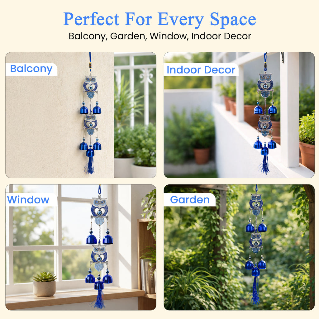 HindCraft Double Owl Evil Eye Wind Chime with Blue Metal Bells | Decorative Hanging for Home, Door, Balcony & Office