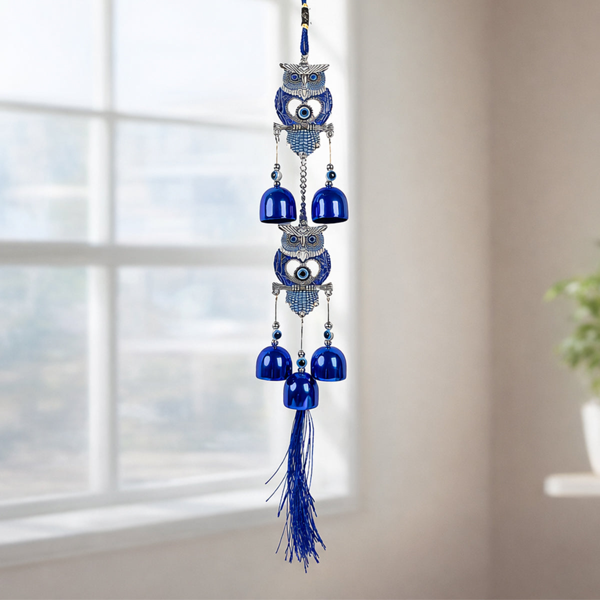 HindCraft Double Owl Evil Eye Wind Chime with Blue Metal Bells | Decorative Hanging for Home, Door, Balcony & Office