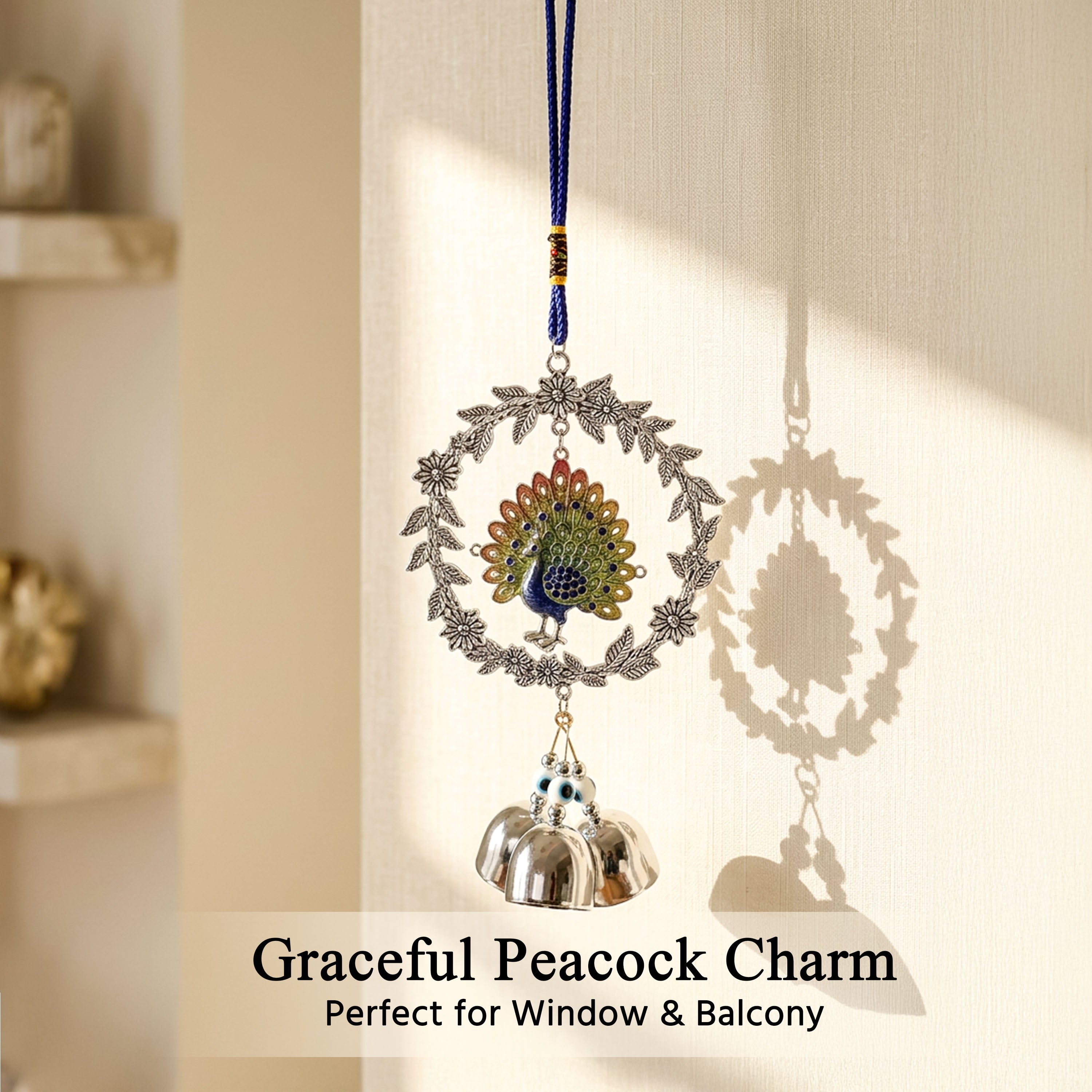 HindCraft Peacock Wind Chime with Metal Bells | Decorative Hanging for Home, Balcony, Window & Office Decor
