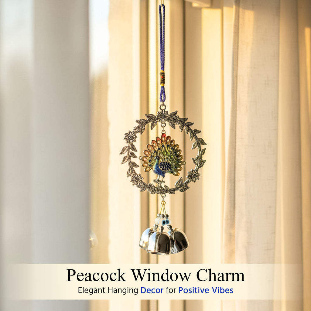HindCraft Peacock Wind Chime with Metal Bells | Decorative Hanging for Home, Balcony, Window & Office Decor
