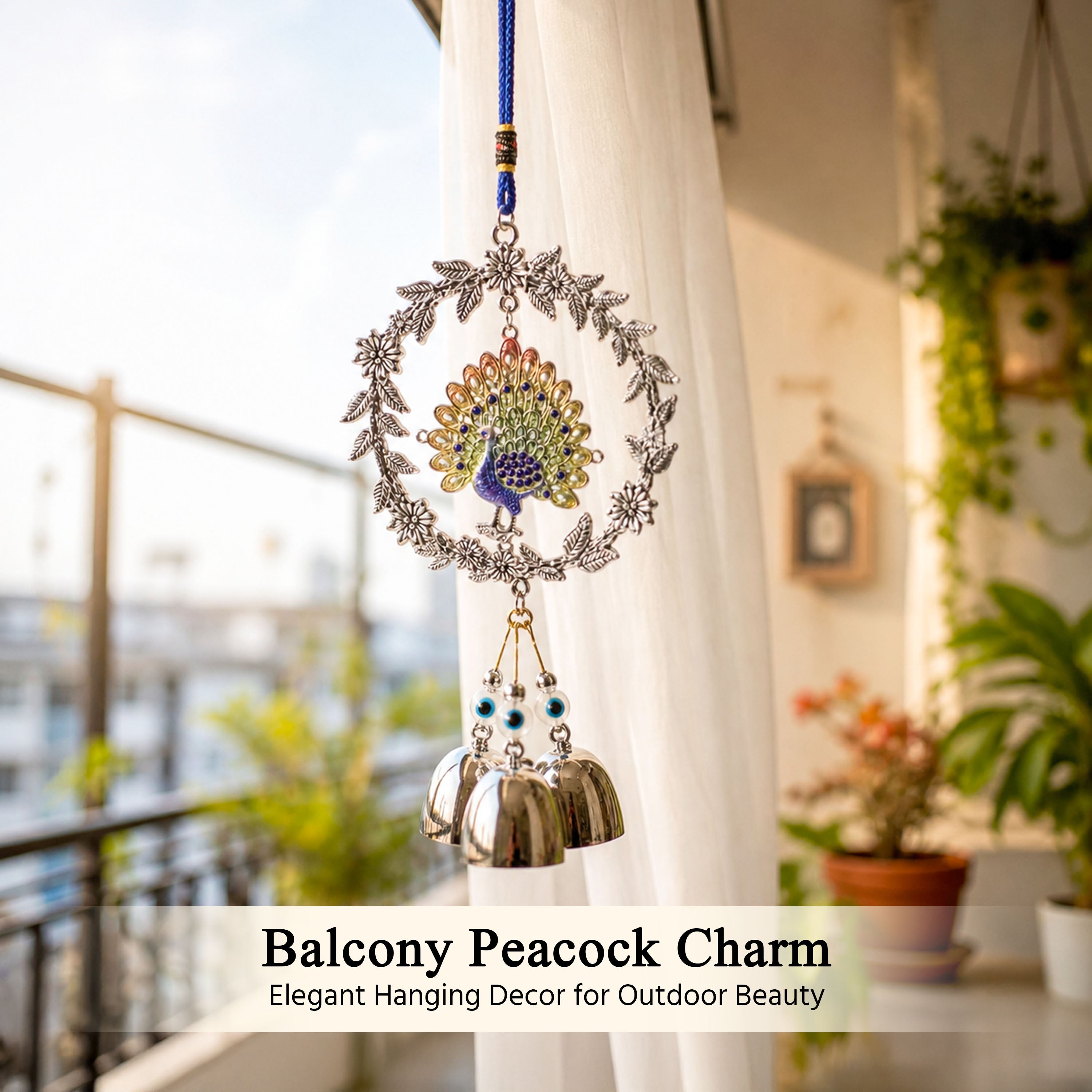 HindCraft Peacock Wind Chime with Metal Bells | Decorative Hanging for Home, Balcony, Window & Office Decor