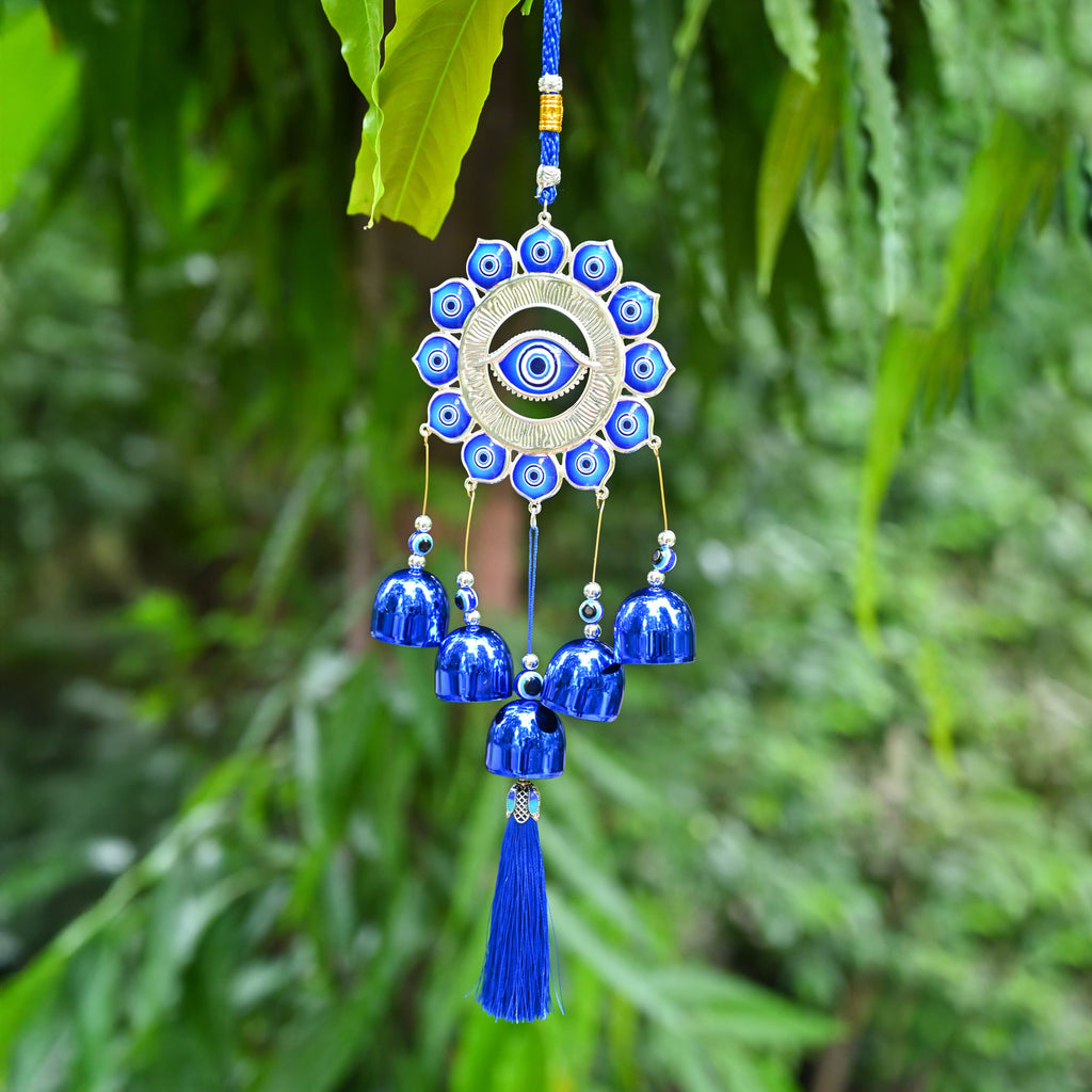 HindCraft Evil Eye Wind Chime Hanging for Home Entrance, Balcony, Door, Car & Wall Décor with Blue Bells