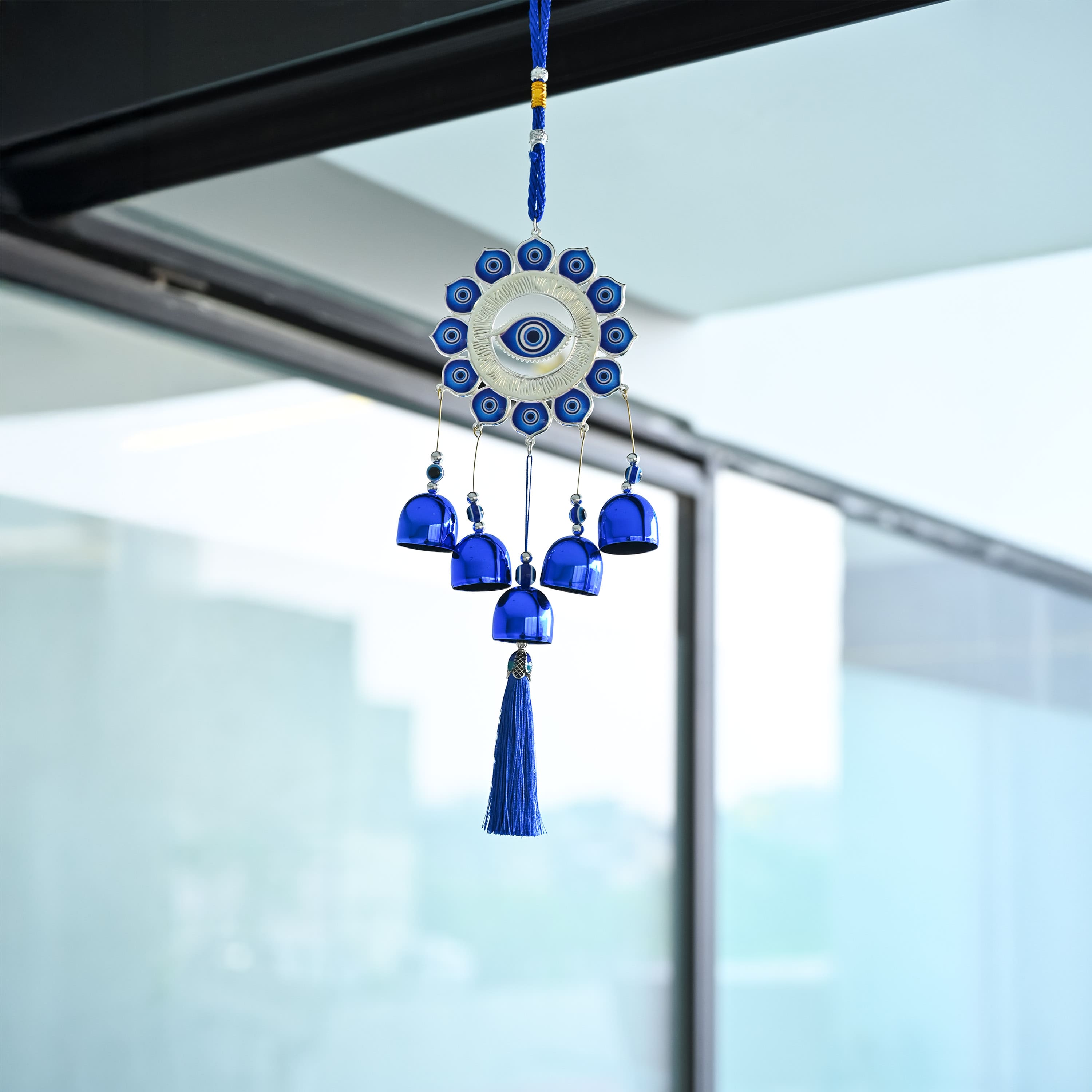 HindCraft Evil Eye Wind Chime Hanging for Home Entrance, Balcony, Door, Car & Wall Décor with Blue Bells