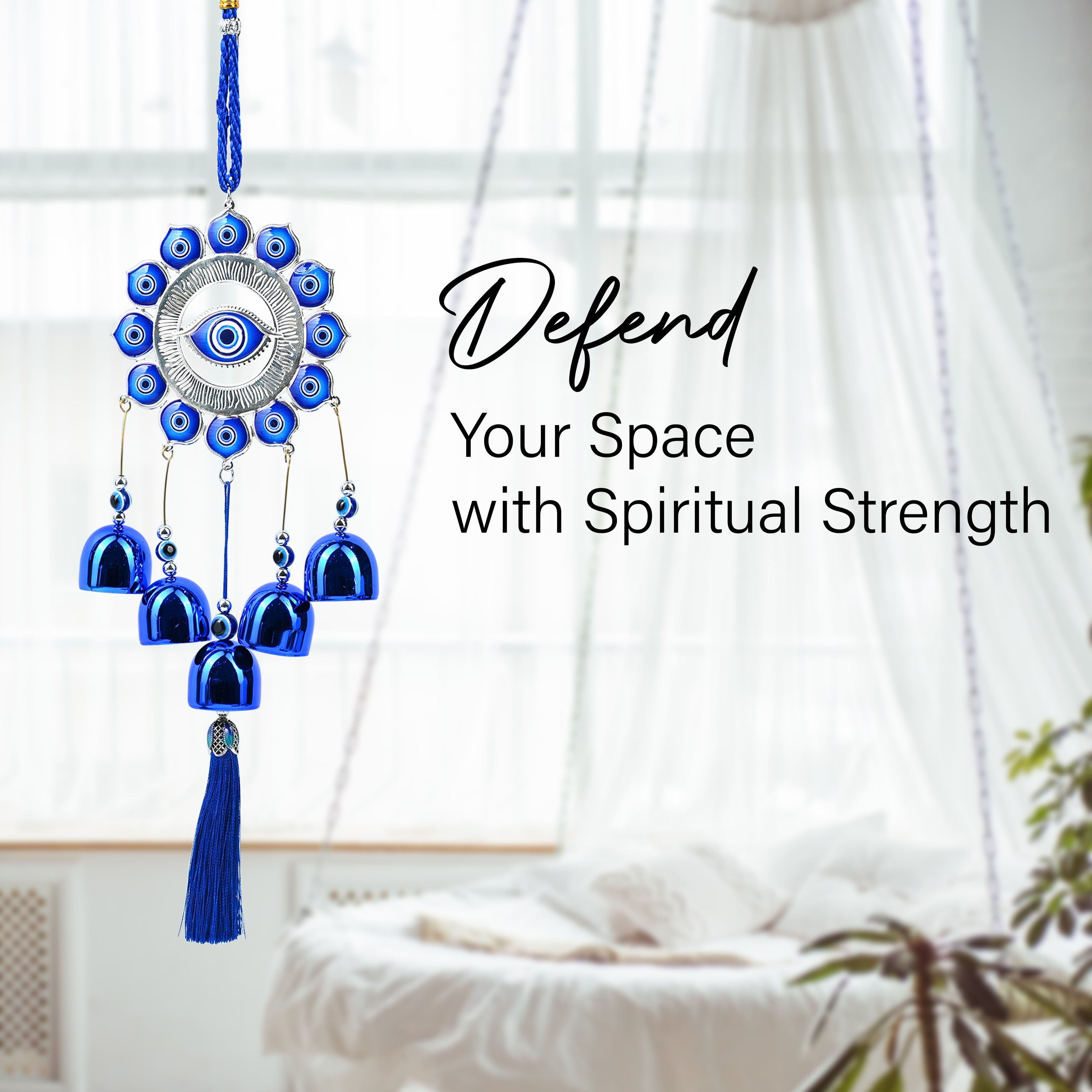 HindCraft Evil Eye Wind Chime Hanging for Home Entrance, Balcony, Door, Car & Wall Décor with Blue Bells