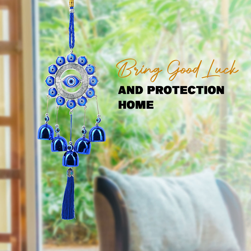 HindCraft Evil Eye Wind Chime Hanging for Home Entrance, Balcony, Door, Car & Wall Décor with Blue Bells