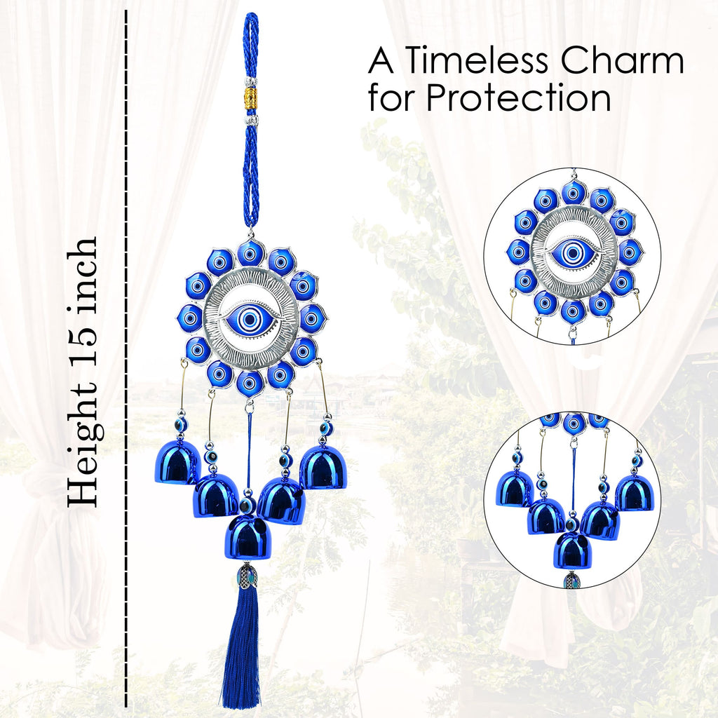 HindCraft Evil Eye Wind Chime Hanging for Home Entrance, Balcony, Door, Car & Wall Décor with Blue Bells