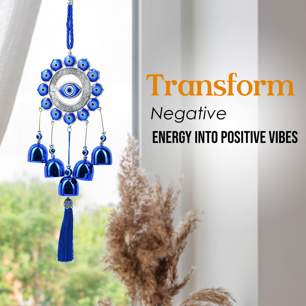 HindCraft Evil Eye Wind Chime Hanging for Home Entrance, Balcony, Door, Car & Wall Décor with Blue Bells