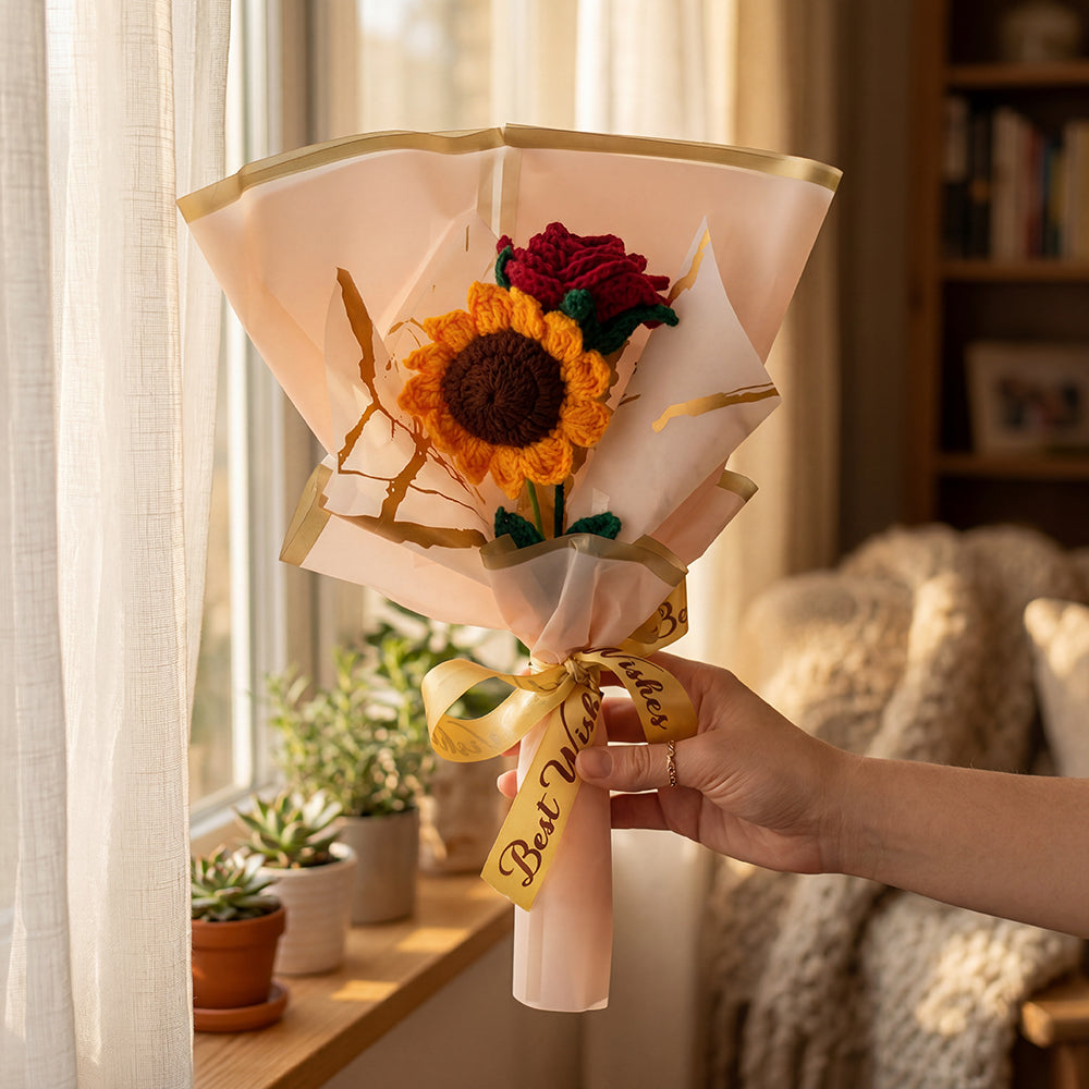 HindCraft Handmade Crochet Sunflower & Rose Bouquet – Best Wishes Gift
