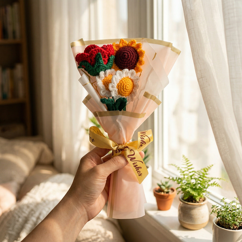 HindCraft Handmade Crochet Sunflower, Daisy & Rose Bouquet – Best Wishes Gift