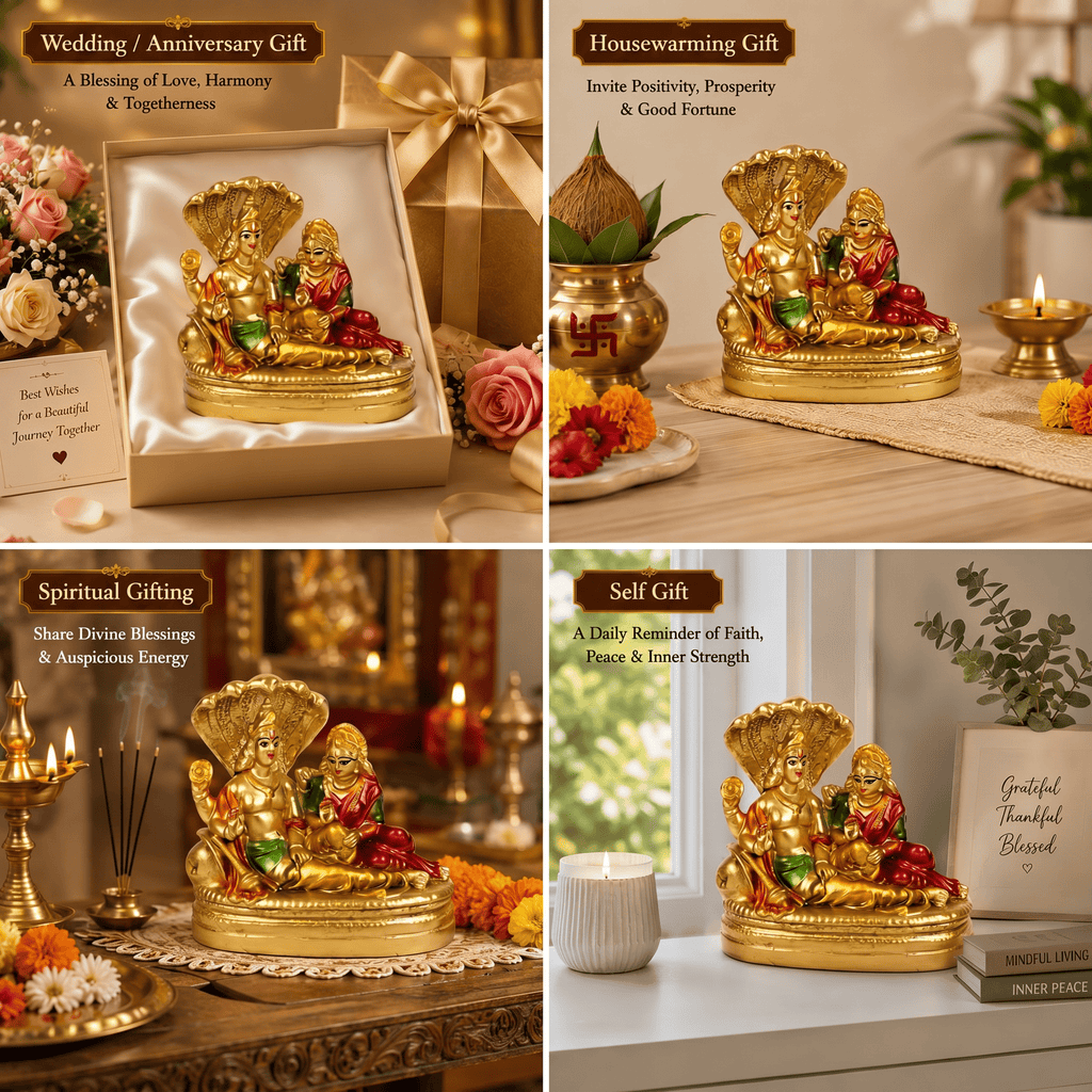 HindCraft Lakshmi Narayan Idol with Sheshnag | Lord Vishnu & Goddess Lakshmi Resin Statue for Home Temple & Pooja Decor