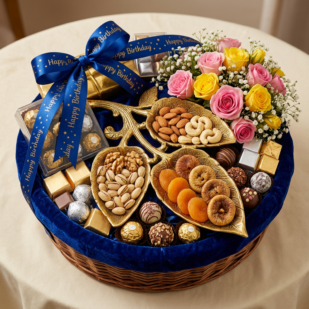 HindCraft 3 Leaf Gold-Finish Dry Fruit Serving Tray for Sweets, Nuts & Festive Gifting