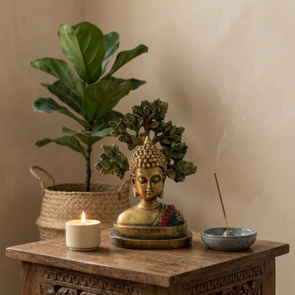 HindCraft Meditating Buddha Head Showpiece with Bodhi Tree | Spiritual Buddha Statue for Home, Office & Meditation Decor