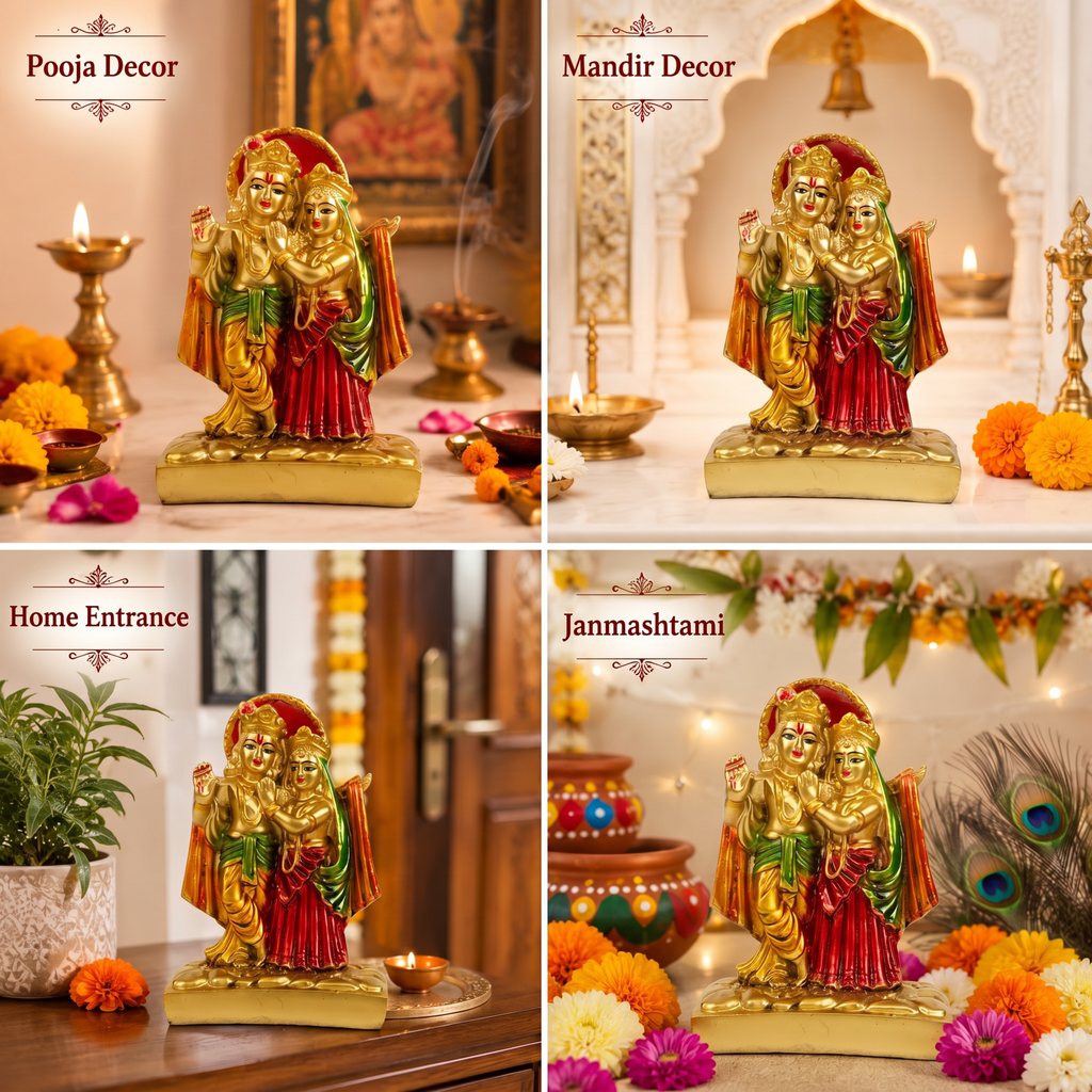 HindCraft Radha Krishna Resin Idol | Lord Krishna with Radha Decorative Showpiece for Home Temple, Office Desk & Spiritual Décor