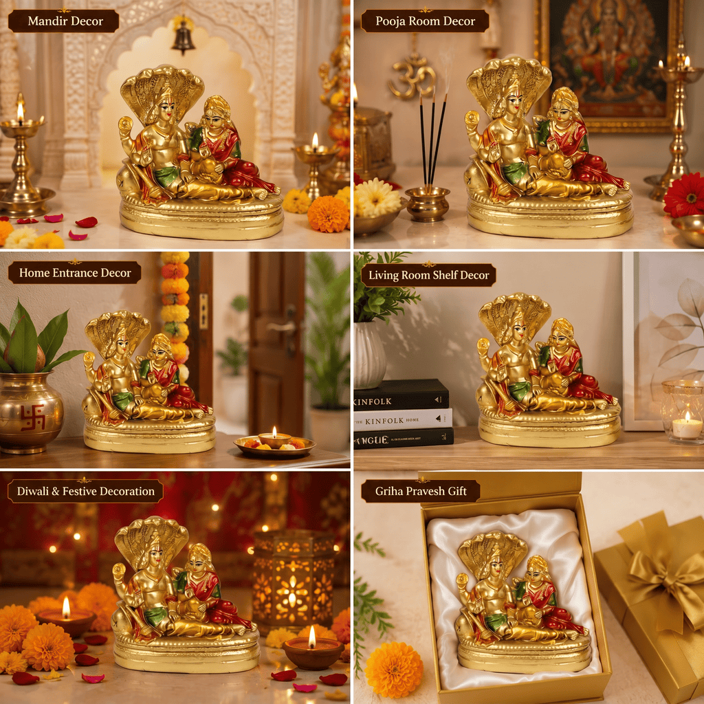 HindCraft Lakshmi Narayan Idol with Sheshnag | Lord Vishnu & Goddess Lakshmi Resin Statue for Home Temple & Pooja Decor
