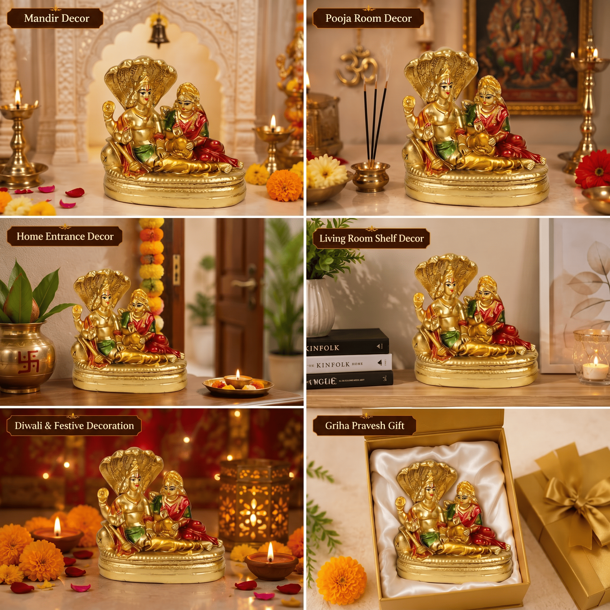 HindCraft Lakshmi Narayan Idol with Sheshnag | Lord Vishnu & Goddess Lakshmi Resin Statue for Home Temple & Pooja Decor