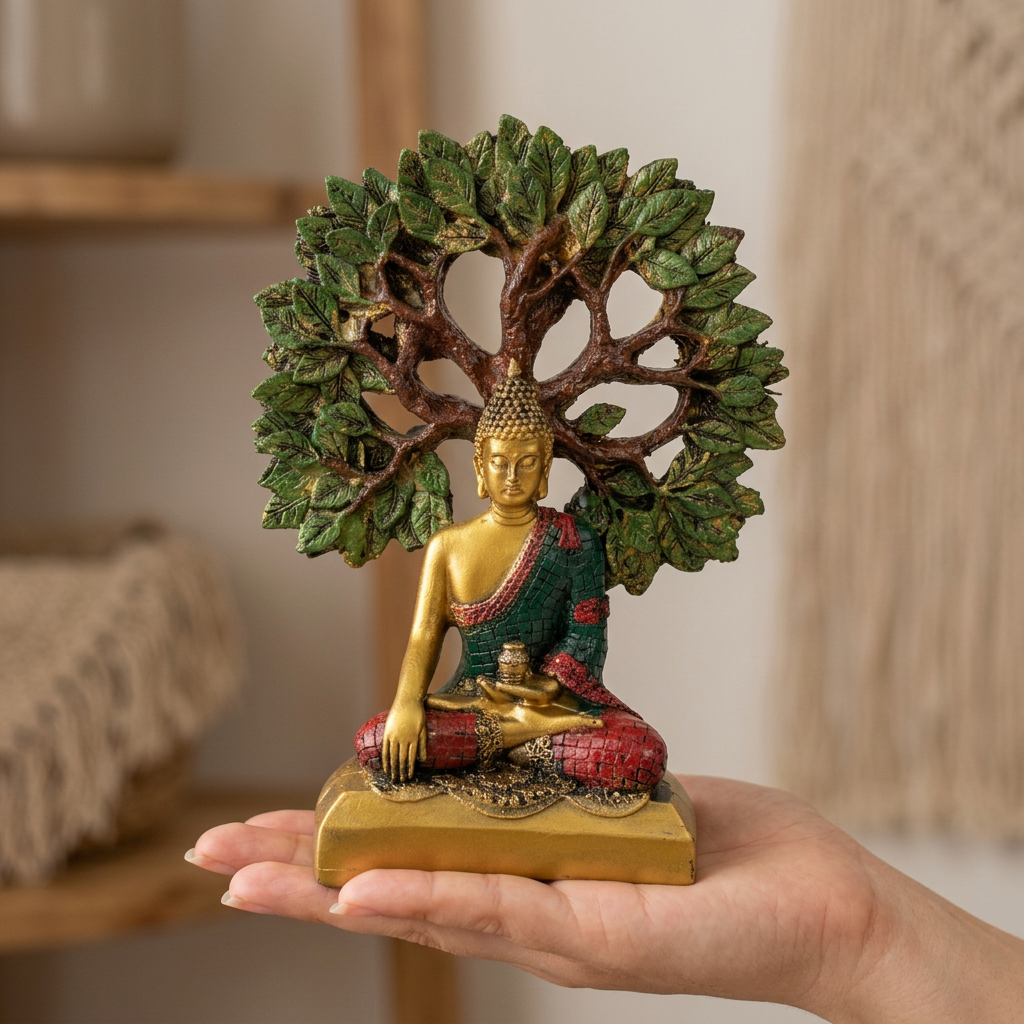 HindCraft Meditating Buddha Under Bodhi Tree Resin Showpiece | Buddha Statue for Home, Office, Meditation & Zen Décor