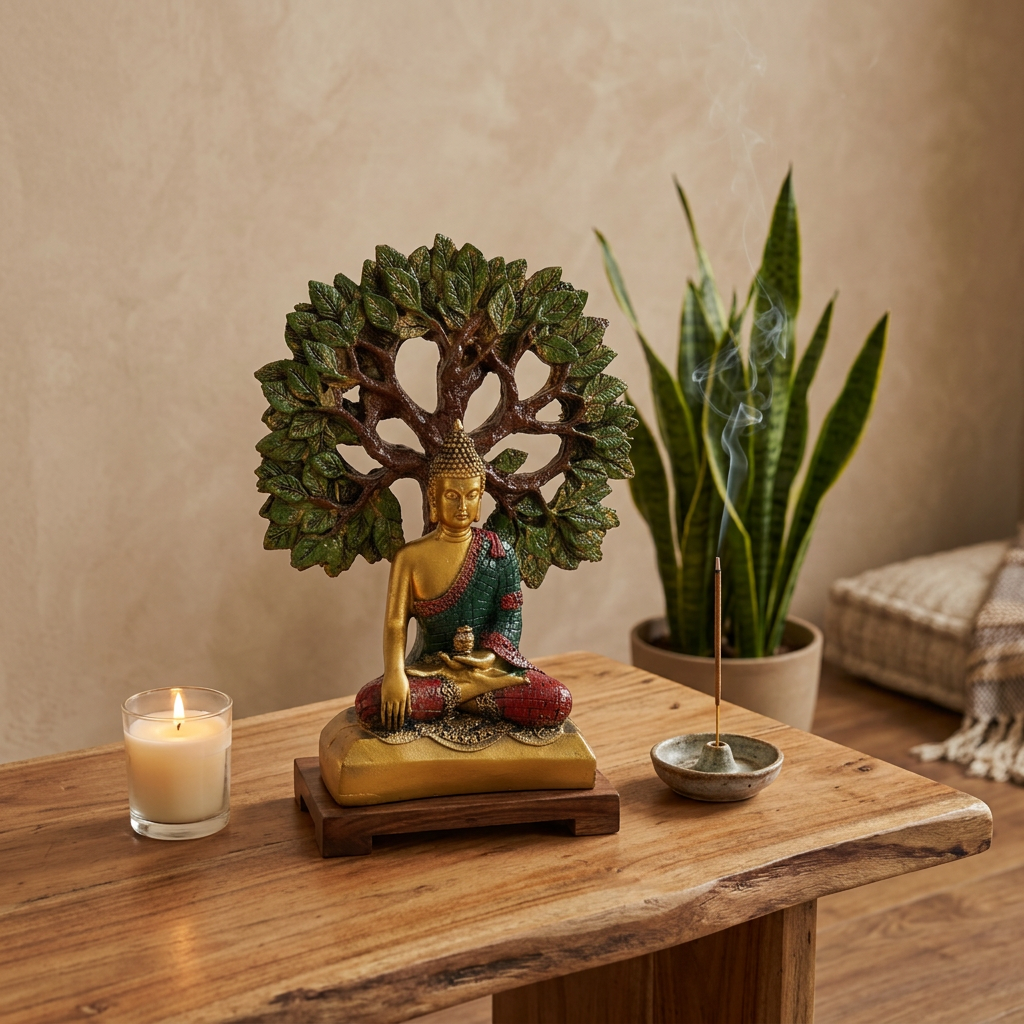 HindCraft Meditating Buddha Under Bodhi Tree Resin Showpiece | Buddha Statue for Home, Office, Meditation & Zen Décor