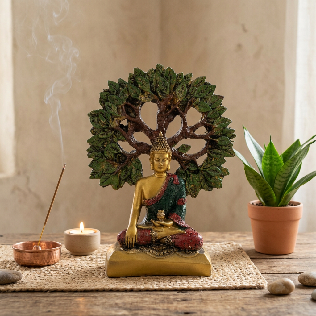 HindCraft Meditating Buddha Under Bodhi Tree Resin Showpiece | Buddha Statue for Home, Office, Meditation & Zen Décor