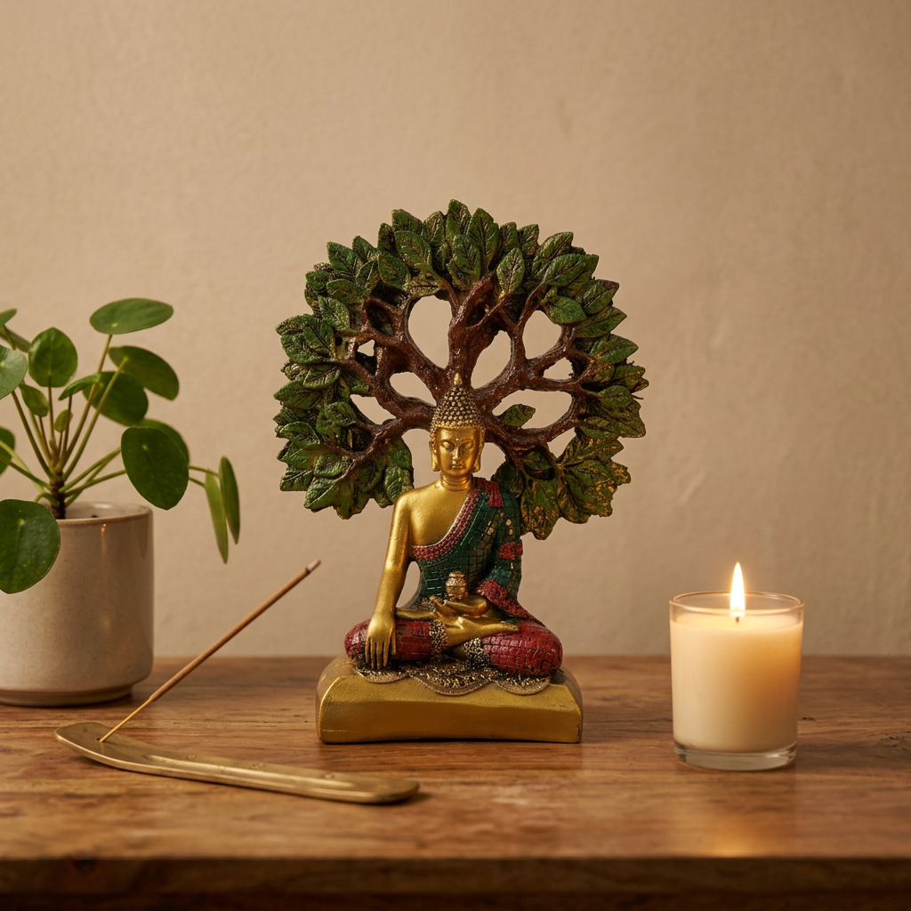 HindCraft Meditating Buddha Under Bodhi Tree Resin Showpiece | Buddha Statue for Home, Office, Meditation & Zen Décor
