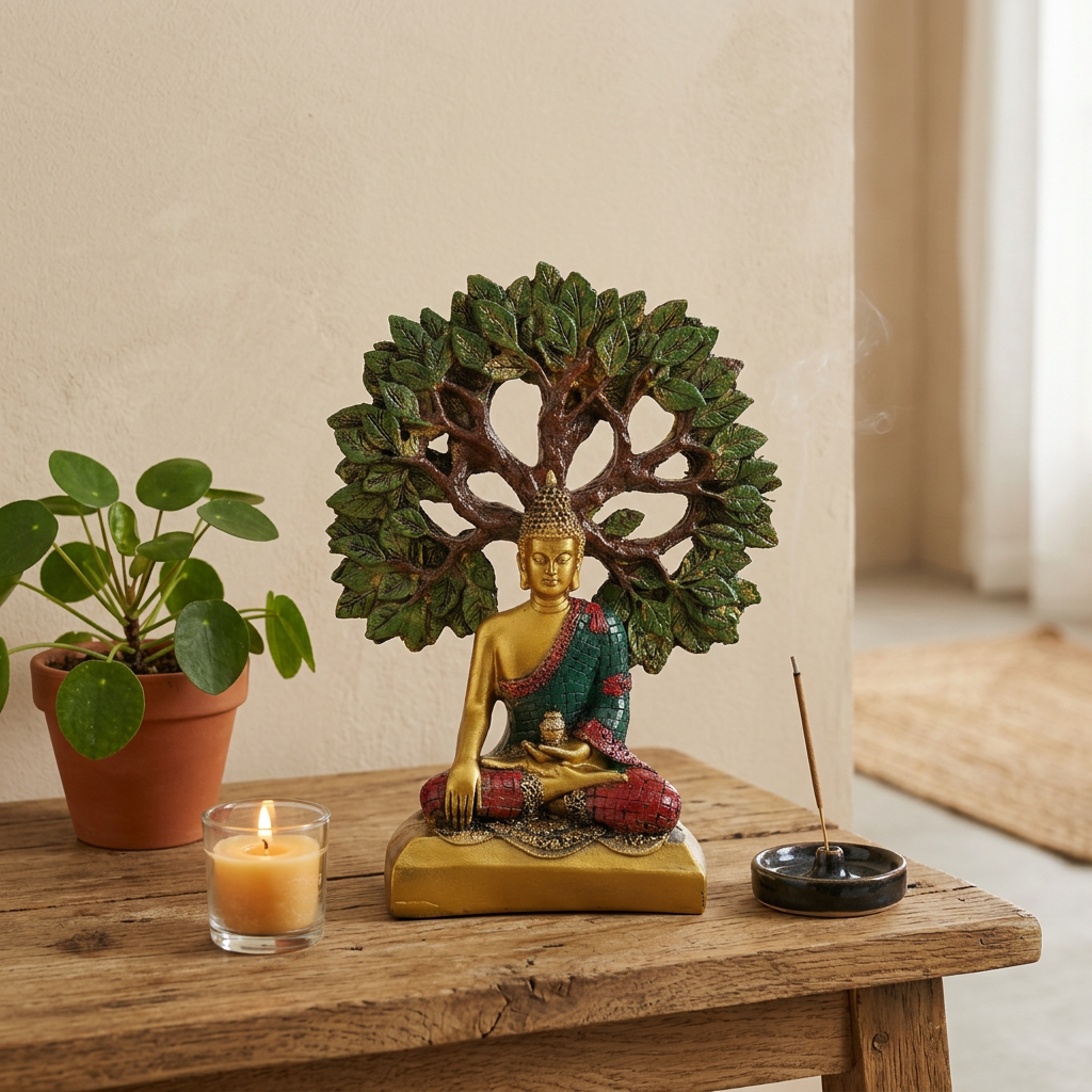 HindCraft Meditating Buddha Under Bodhi Tree Resin Showpiece | Buddha Statue for Home, Office, Meditation & Zen Décor