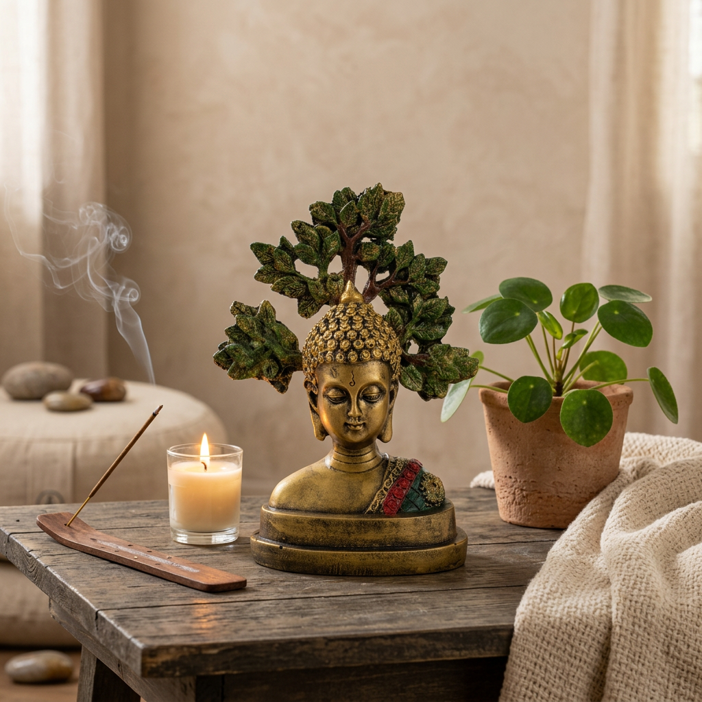 HindCraft Meditating Buddha Head Showpiece with Bodhi Tree | Spiritual Buddha Statue for Home, Office & Meditation Decor