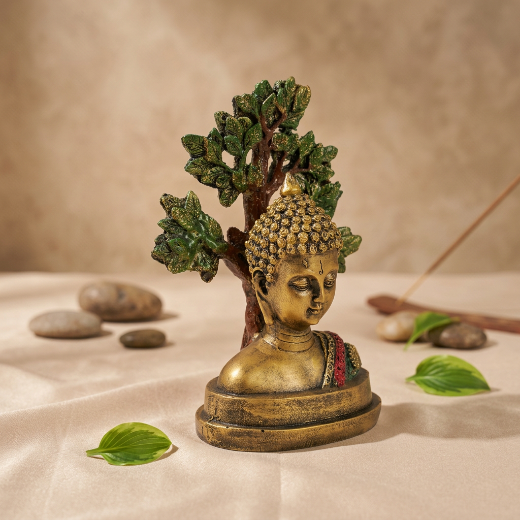 HindCraft Meditating Buddha Head Showpiece with Bodhi Tree | Spiritual Buddha Statue for Home, Office & Meditation Decor
