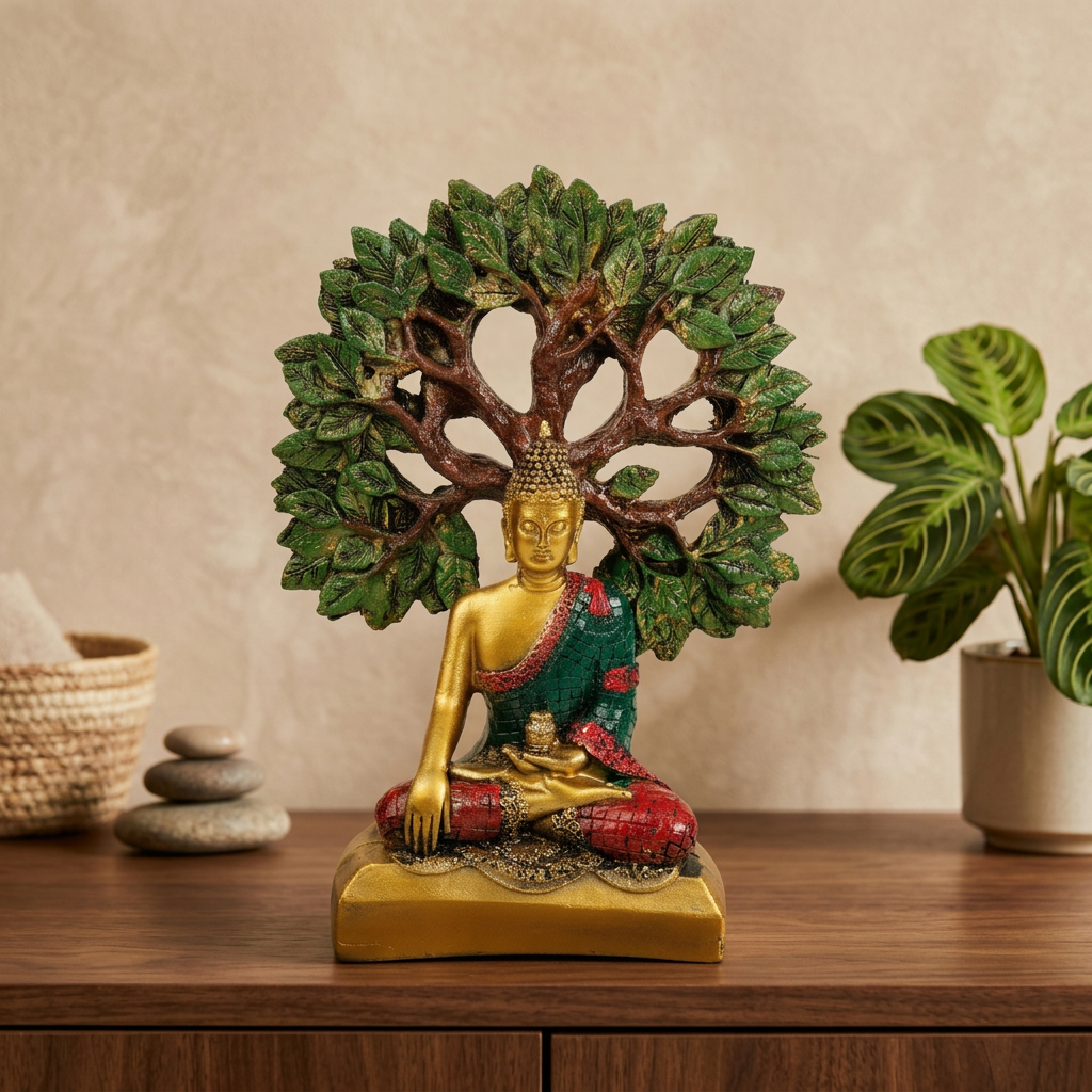 HindCraft Meditating Buddha Under Bodhi Tree Resin Showpiece | Buddha Statue for Home, Office, Meditation & Zen Décor