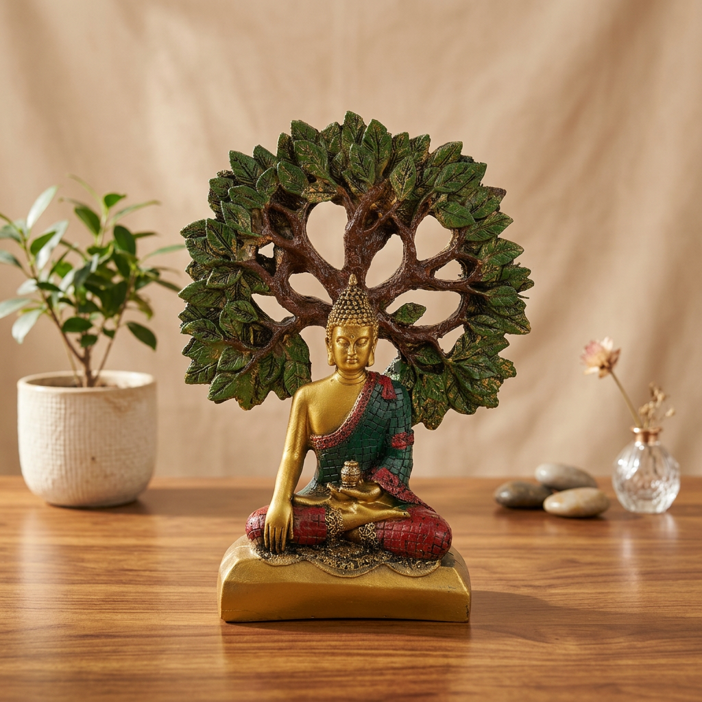 HindCraft Meditating Buddha Under Bodhi Tree Resin Showpiece | Buddha Statue for Home, Office, Meditation & Zen Décor